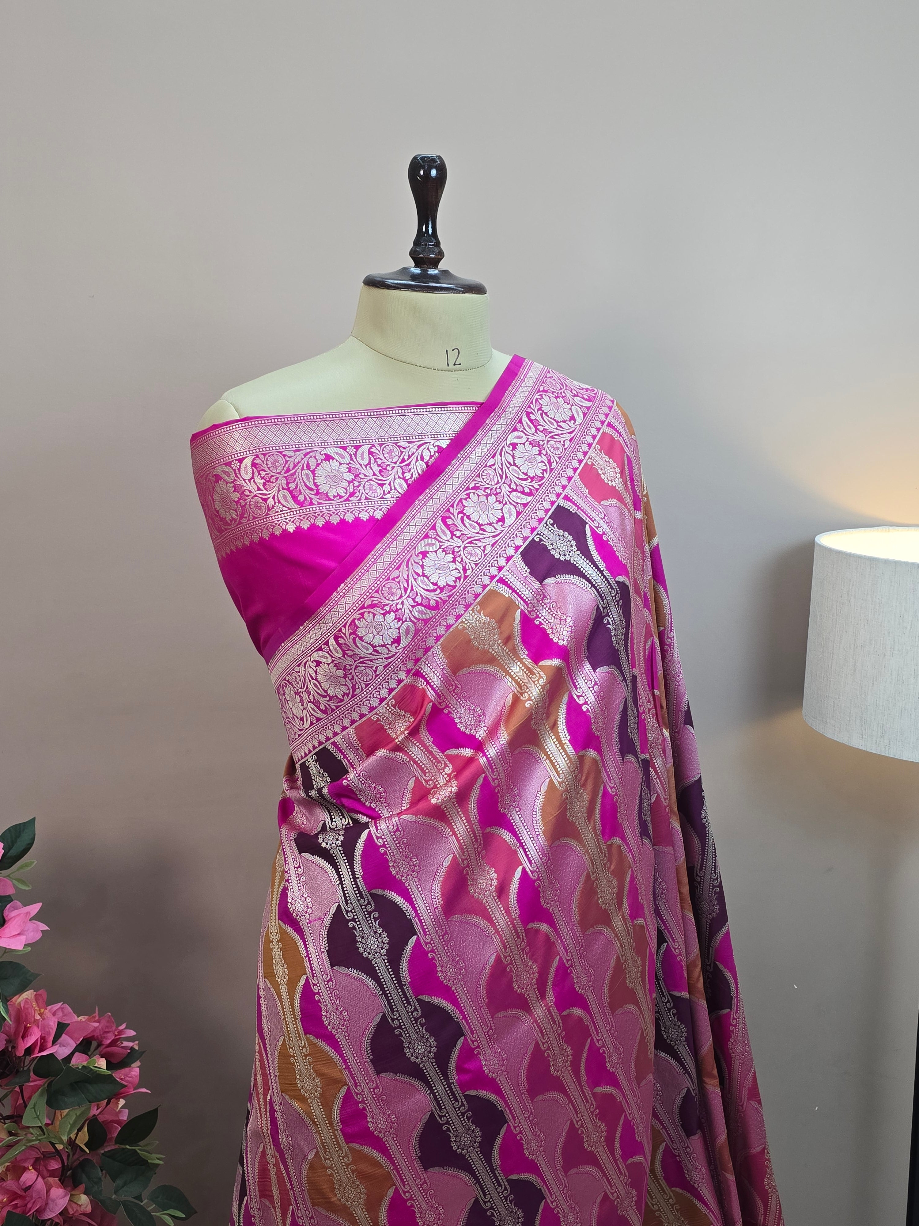 Pauri Katan Silk Rangkaat Banarasi Saree – Multicolor Weave with Floral Jaal Border