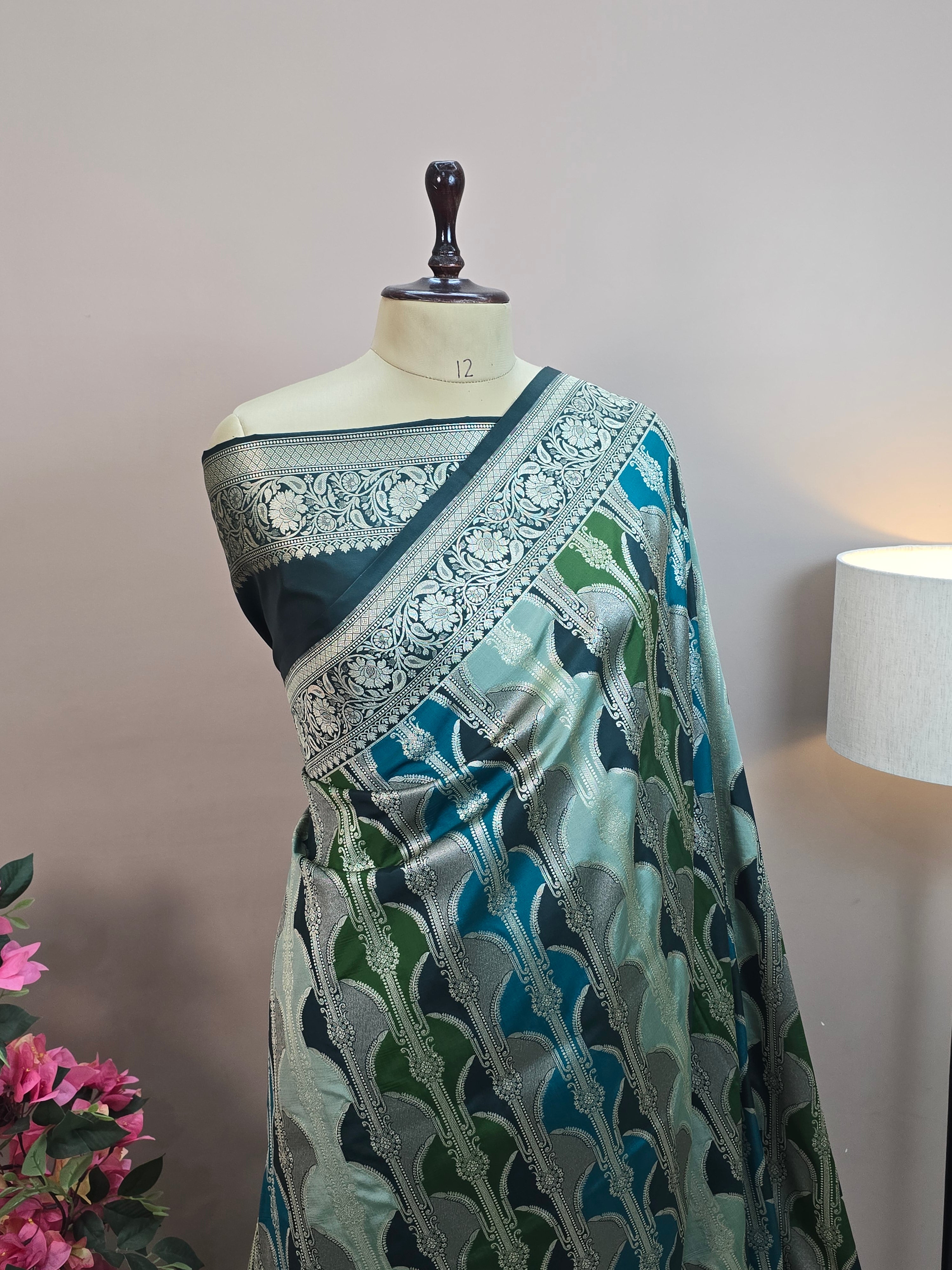 Pauri Katan Silk Rangkaat Banarasi Saree – Multicolor Weave with Floral Jaal Border