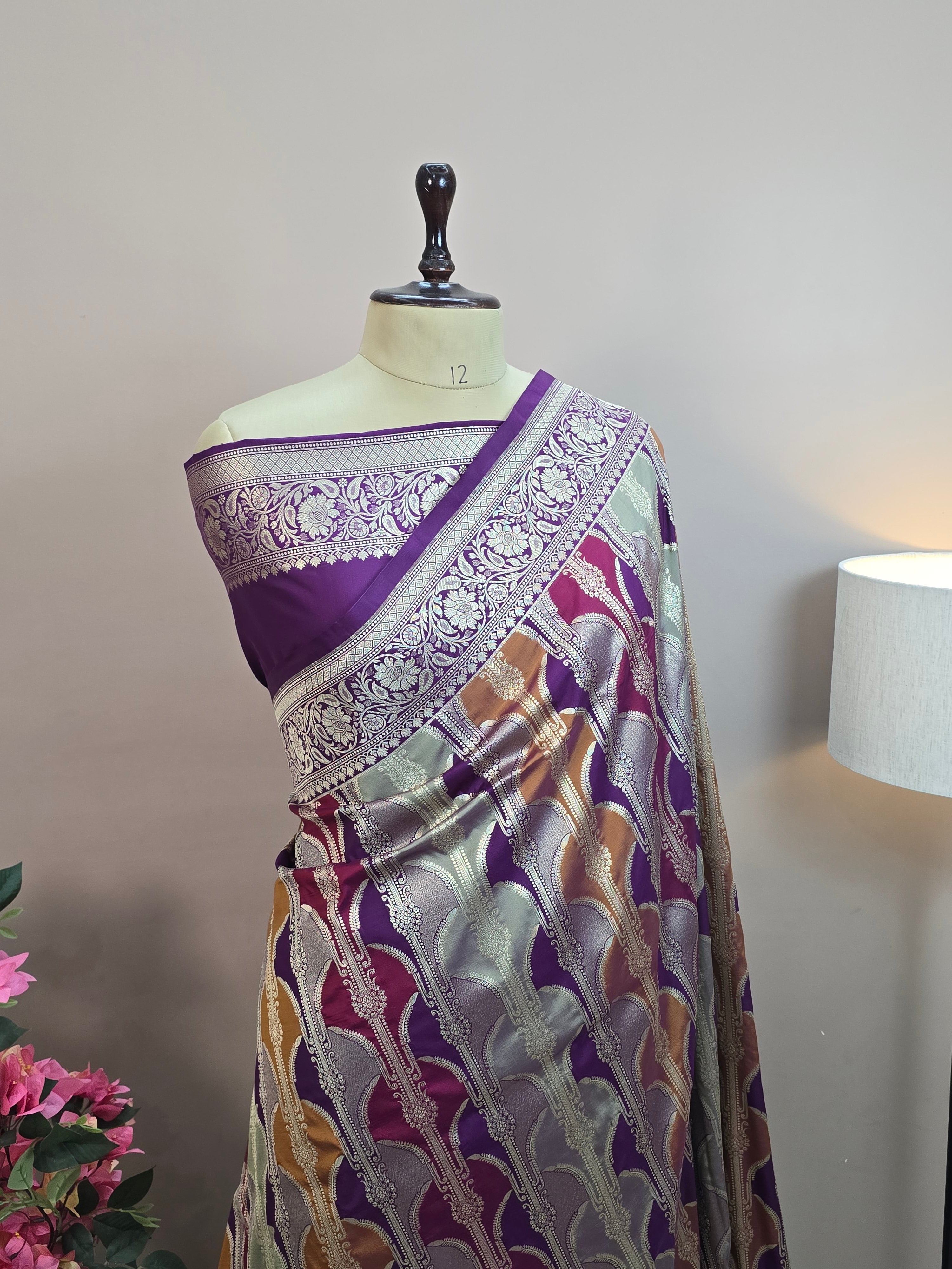 Pauri Katan Silk Rangkaat Banarasi Saree – Multicolor Weave with Floral Jaal Border