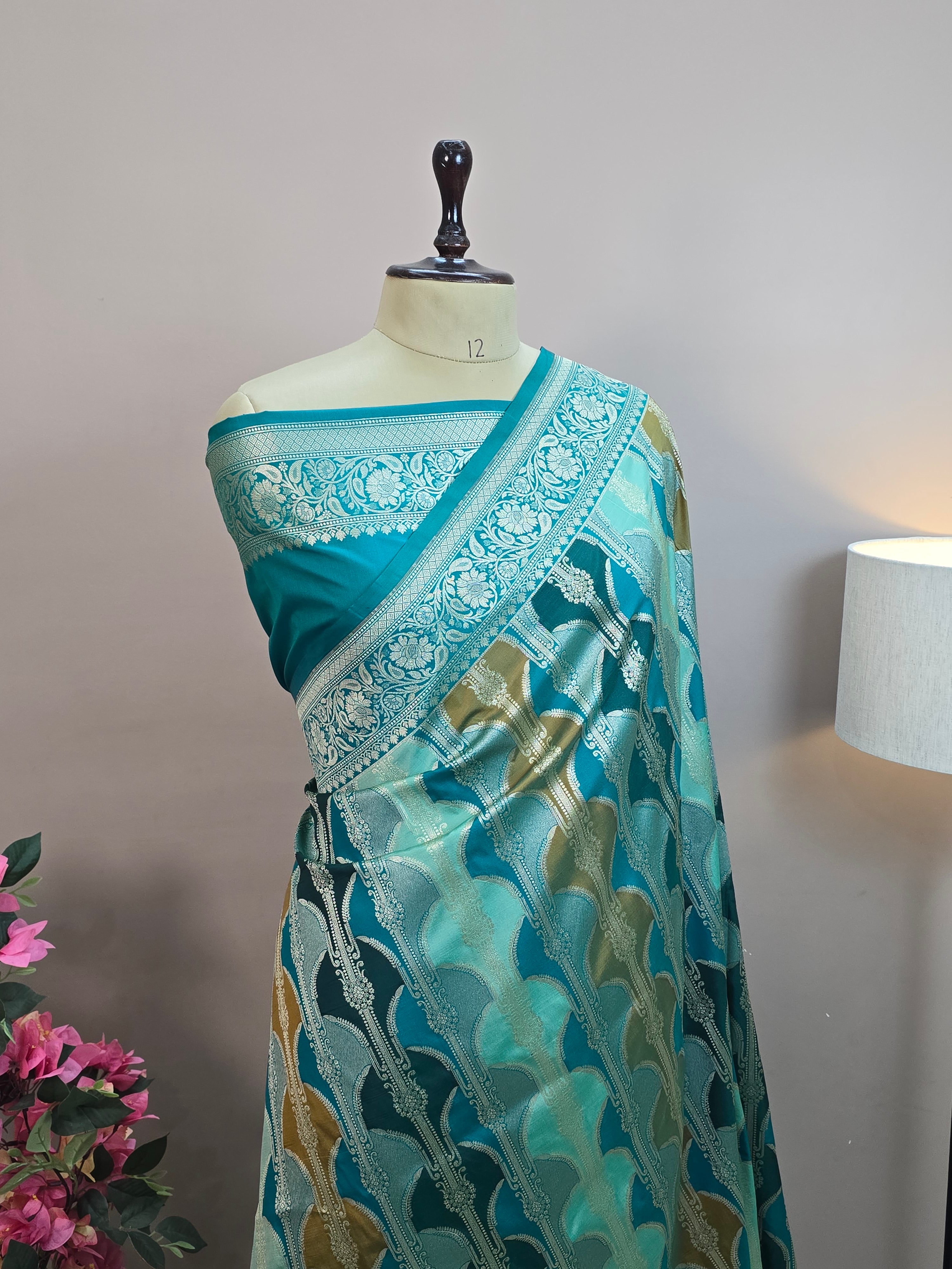 Pauri Katan Silk Rangkaat Banarasi Saree – Multicolor Weave with Floral Jaal Border