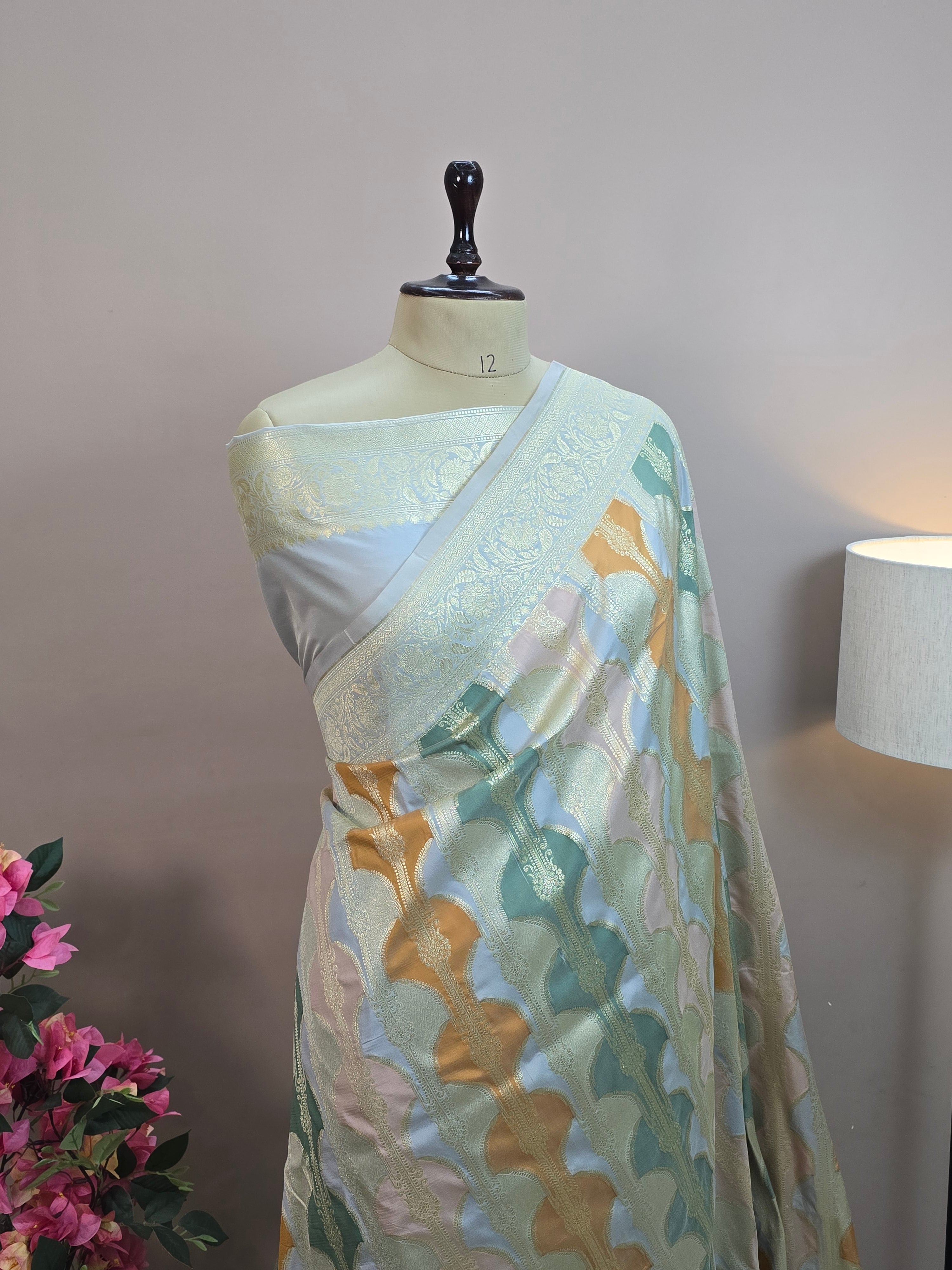 Pauri Katan Silk Rangkaat Banarasi Saree – Multicolor Weave with Floral Jaal Border