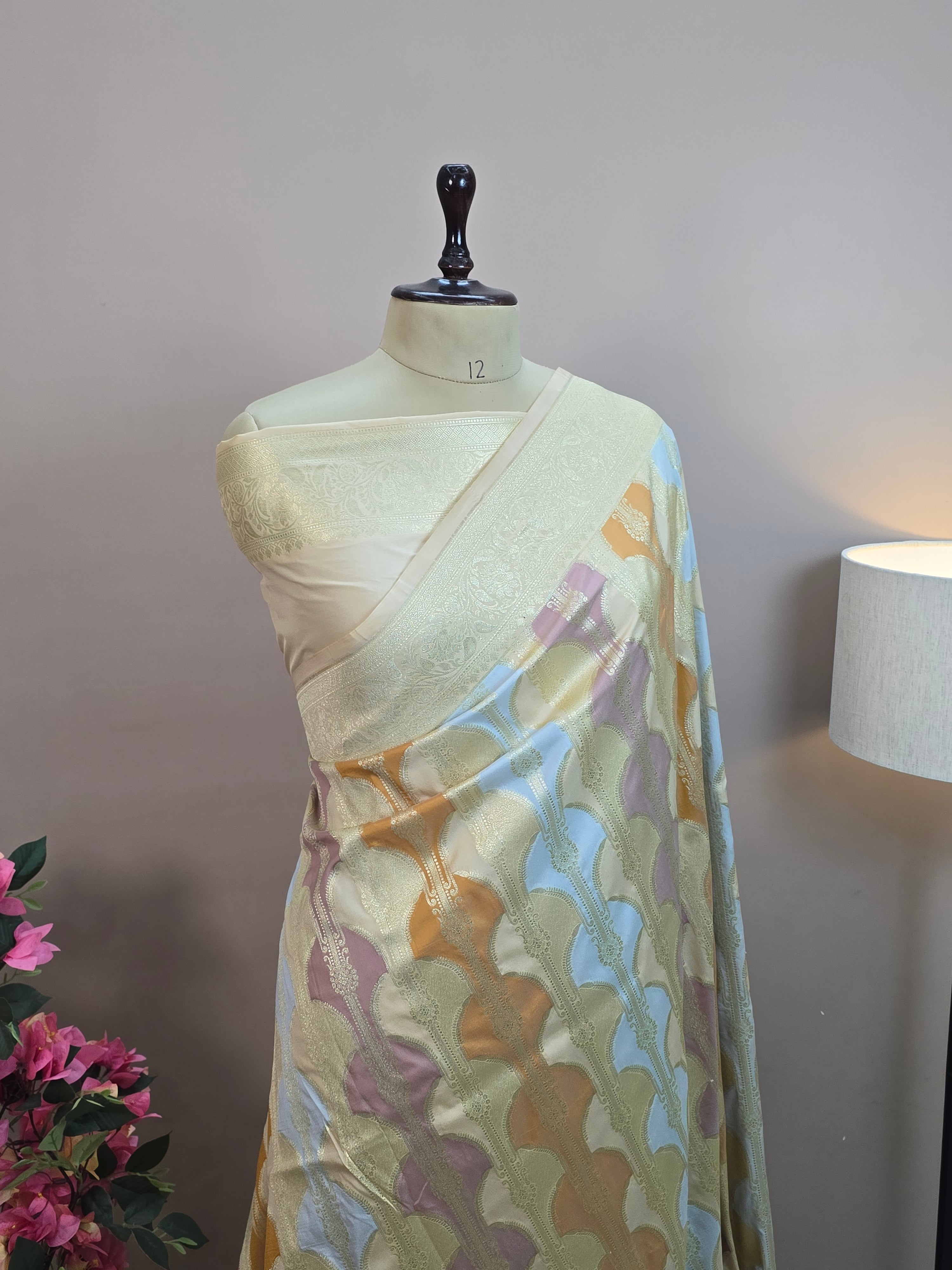 Pauri Katan Silk Rangkaat Banarasi Saree – Multicolor Weave with Floral Jaal Border