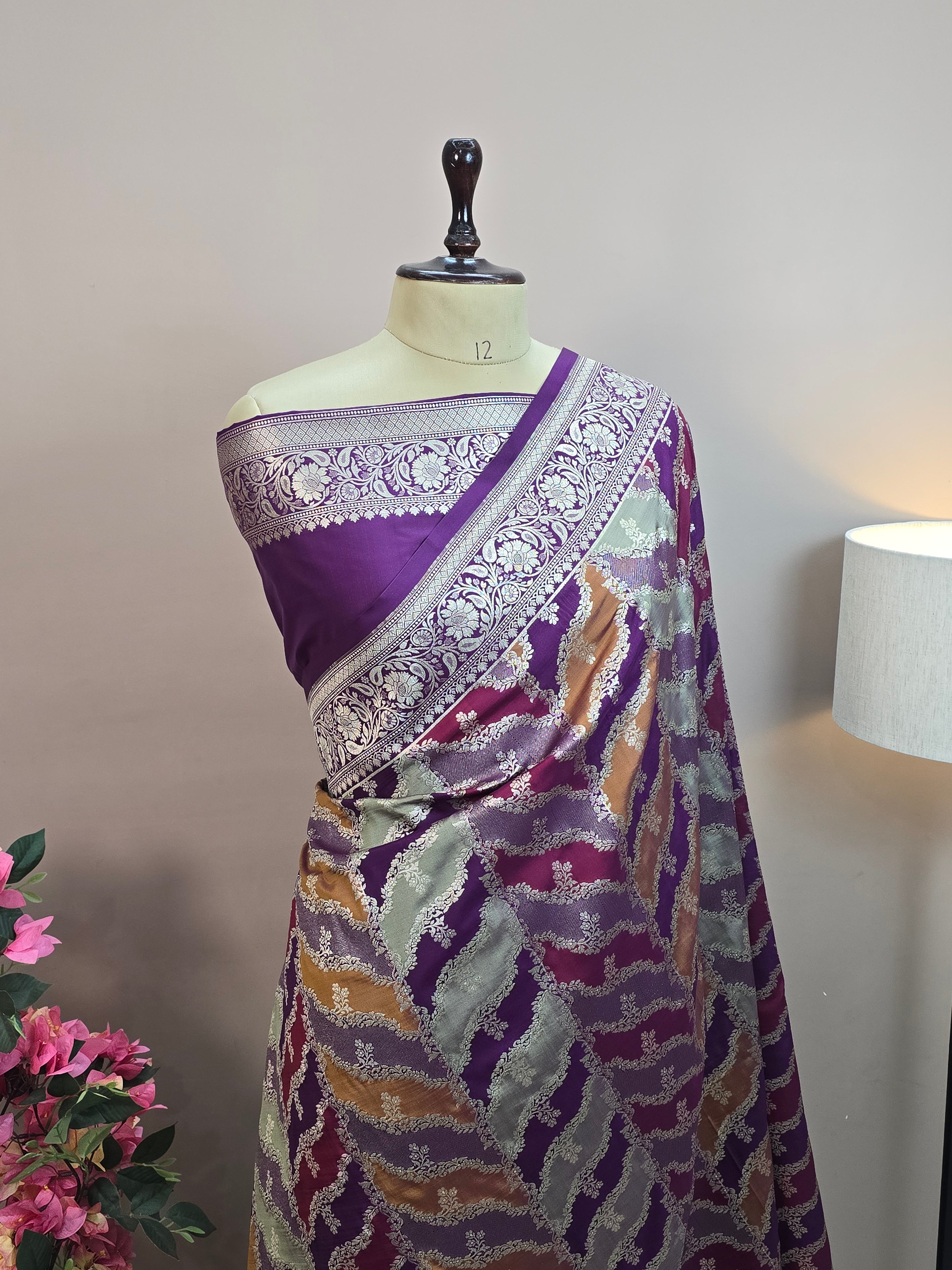 Pauri Katan Silk Rangkaat Jaal Banarasi Saree – Multicolor Weave with Zari Floral Border