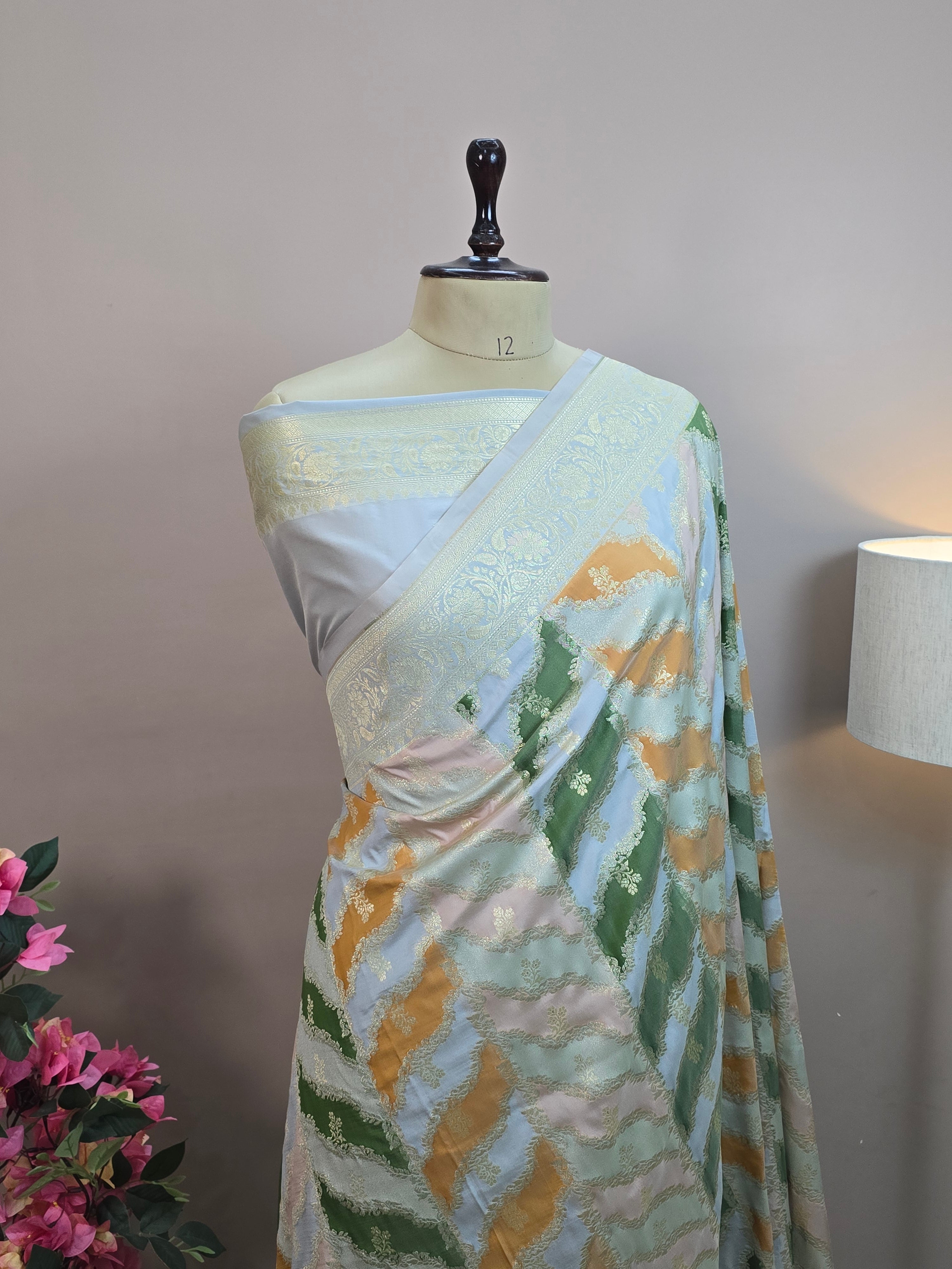 Pauri Katan Silk Rangkaat Jaal Banarasi Saree – Multicolor Weave with Zari Floral Border