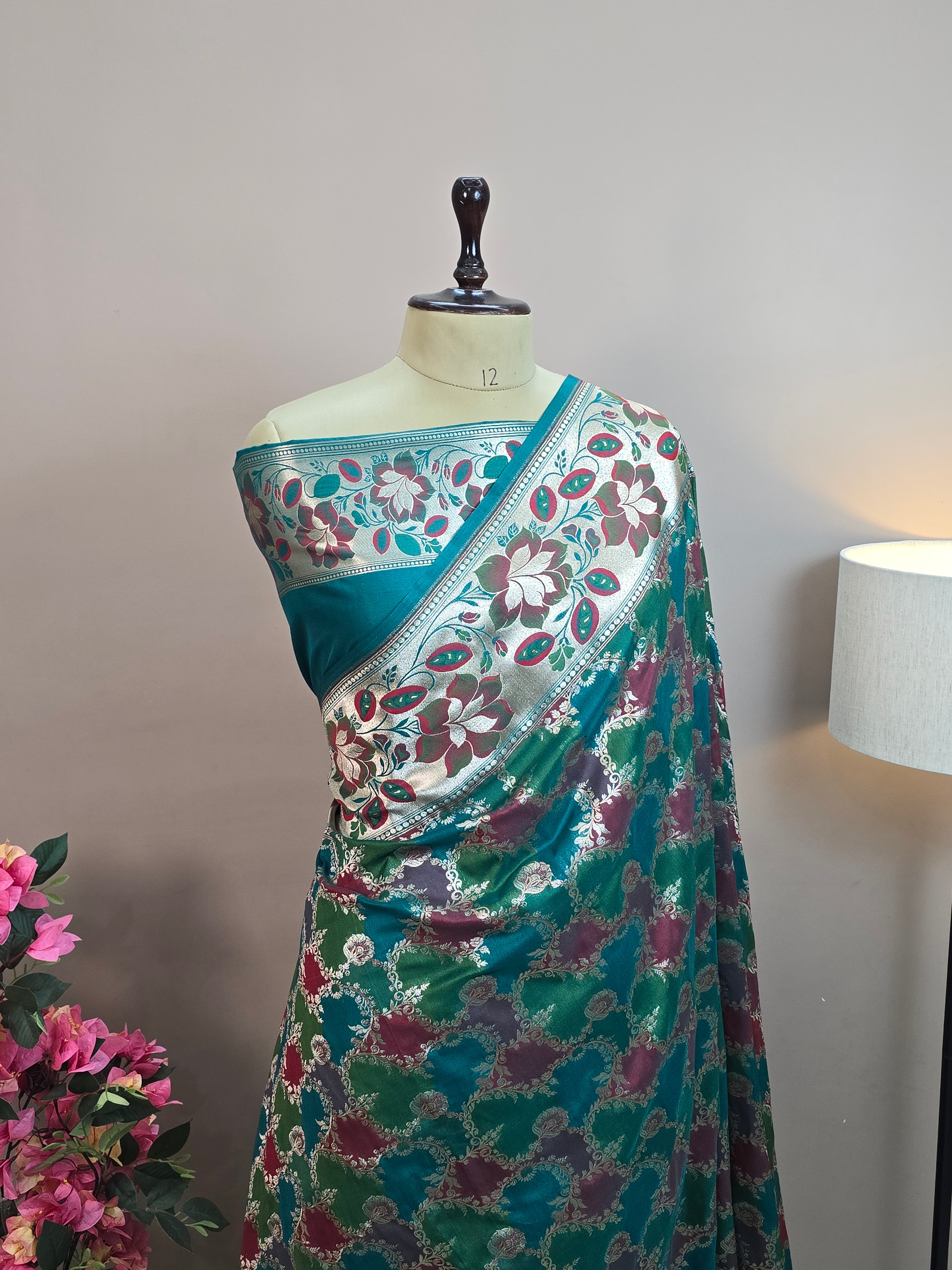 Pauri Katan Silk Rangkaat Banarasi Saree – Multicolor Jaal Weave with Floral Meenakari Border