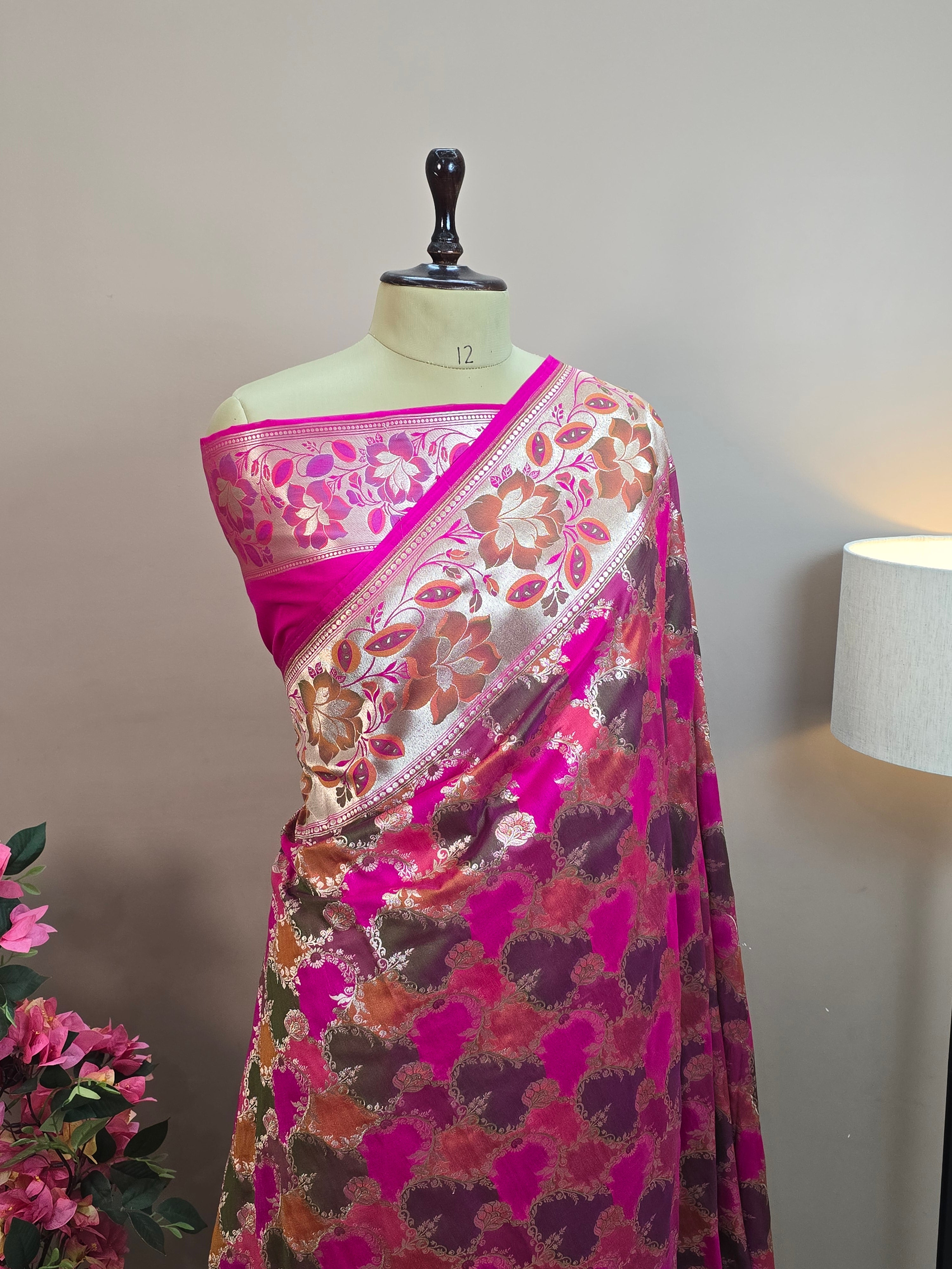 Pauri Katan Silk Rangkaat Banarasi Saree – Multicolor Jaal Weave with Floral Meenakari Border