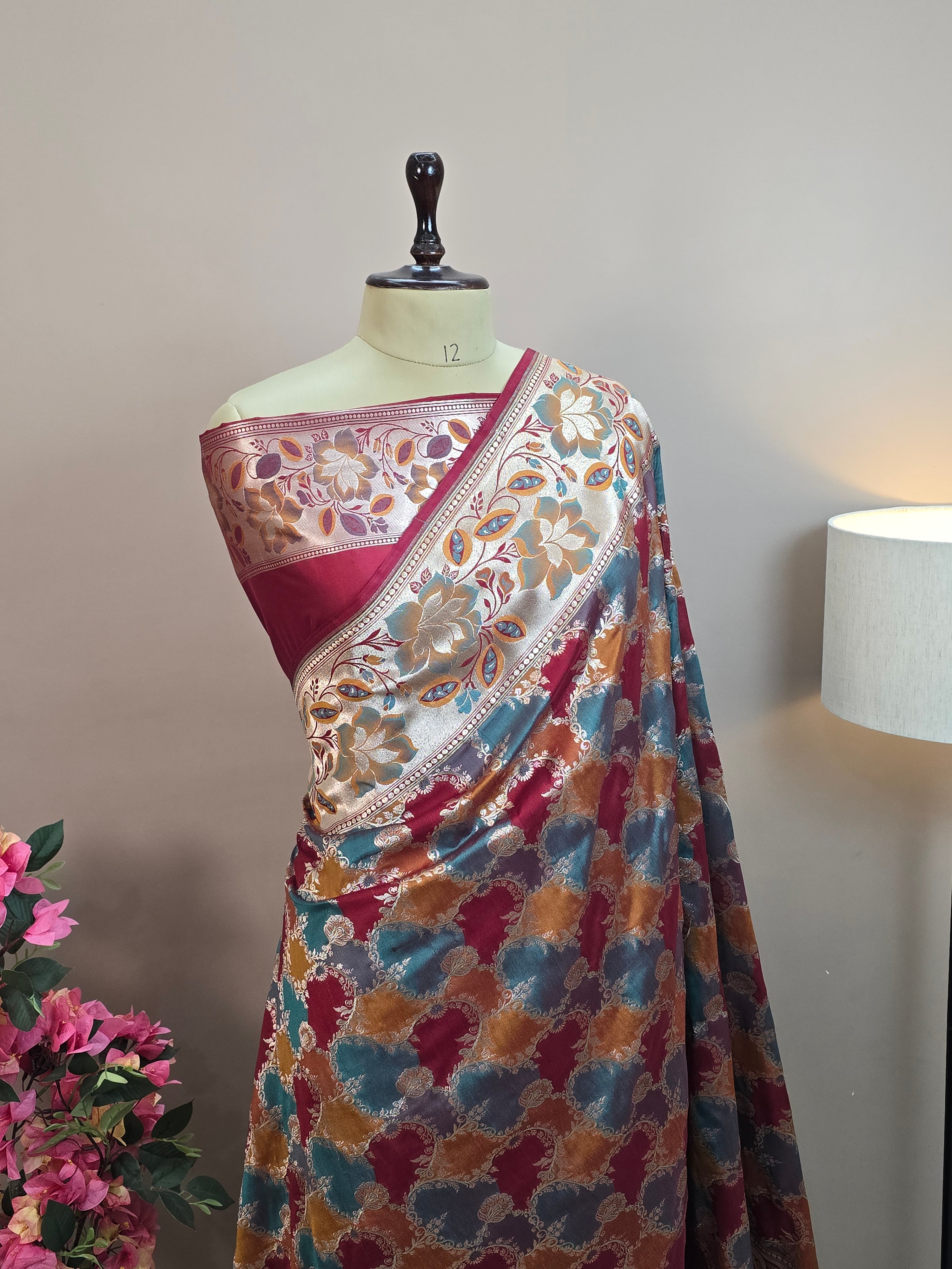 Pauri Katan Silk Rangkaat Banarasi Saree – Multicolor Jaal Weave with Floral Meenakari Border