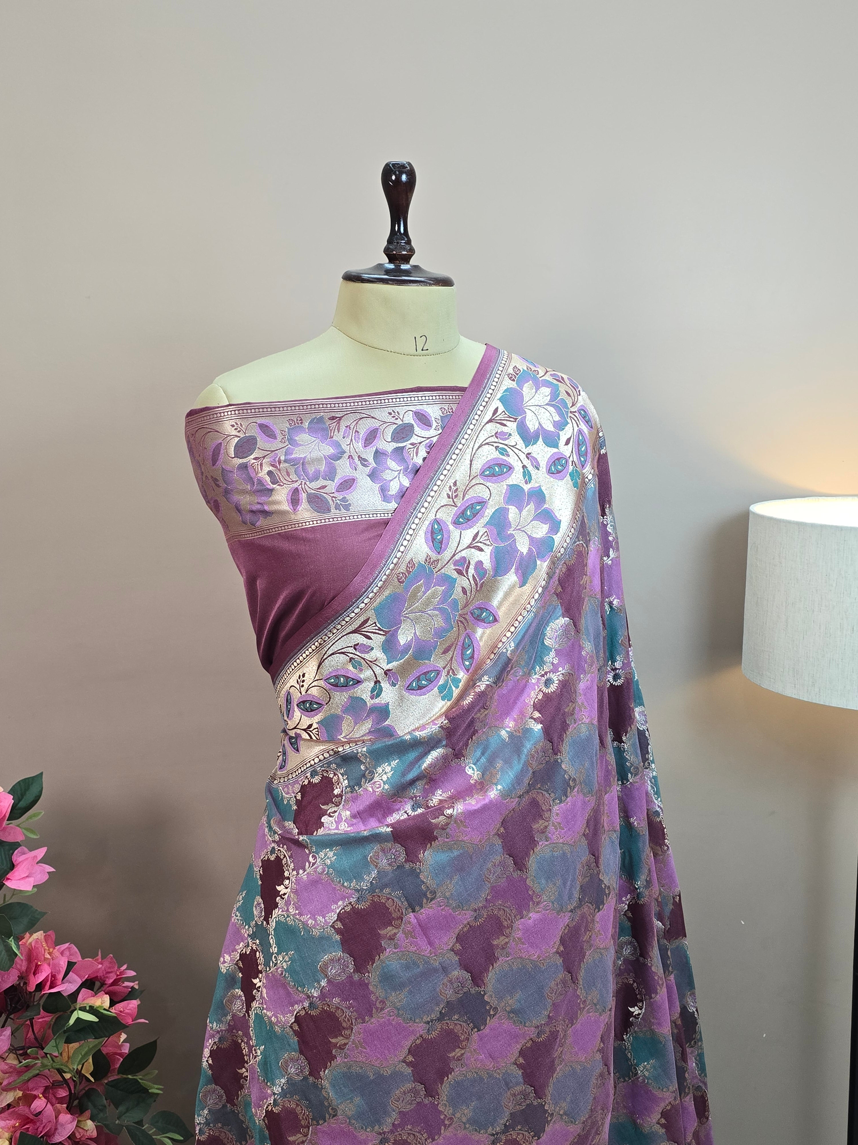 Pauri Katan Silk Rangkaat Banarasi Saree – Multicolor Jaal Weave with Floral Meenakari Border
