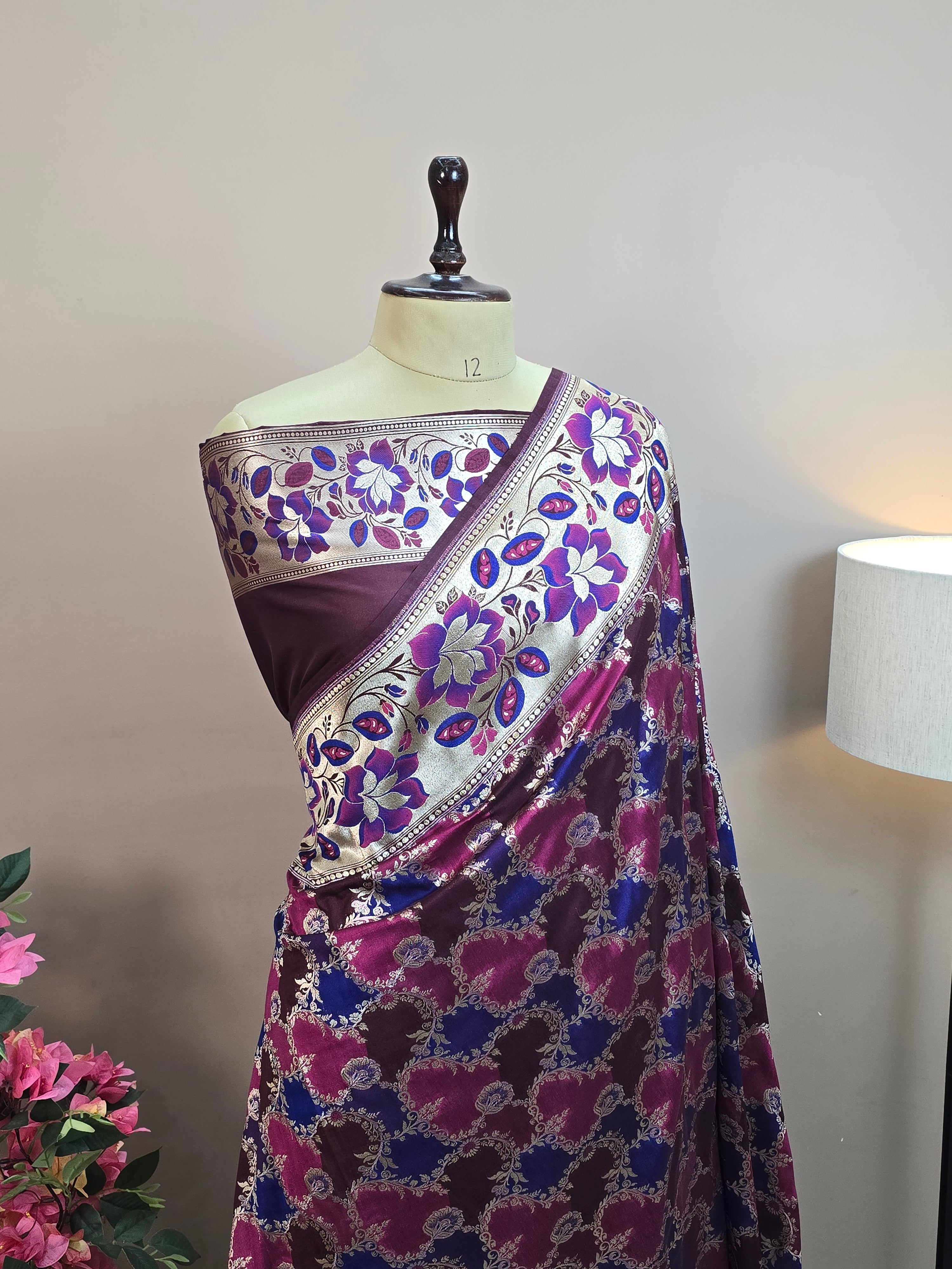 Pauri Katan Silk Rangkaat Banarasi Saree – Multicolor Jaal Weave with Floral Meenakari Border