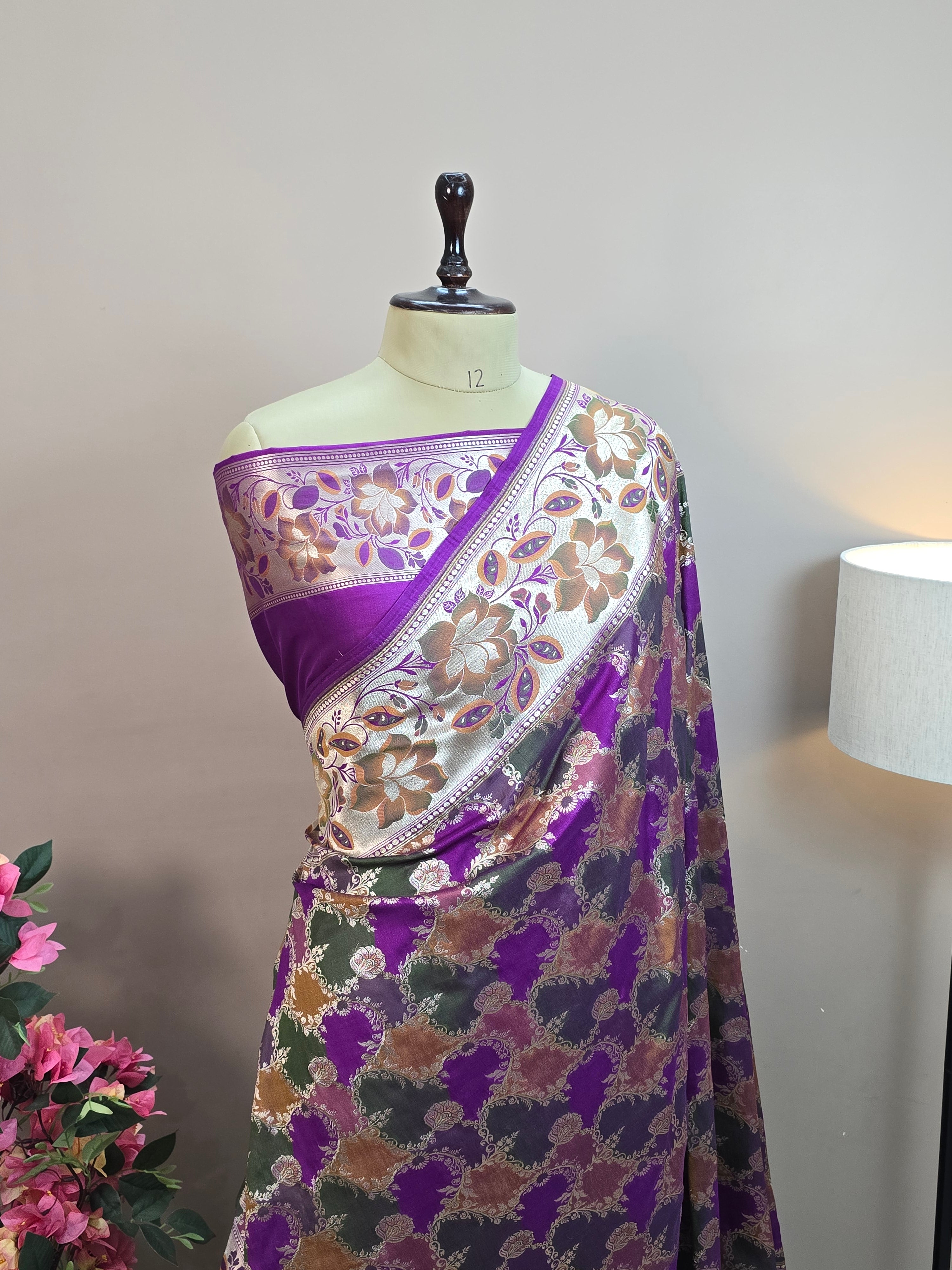 Pauri Katan Silk Rangkaat Banarasi Saree – Multicolor Jaal Weave with Floral Meenakari Border