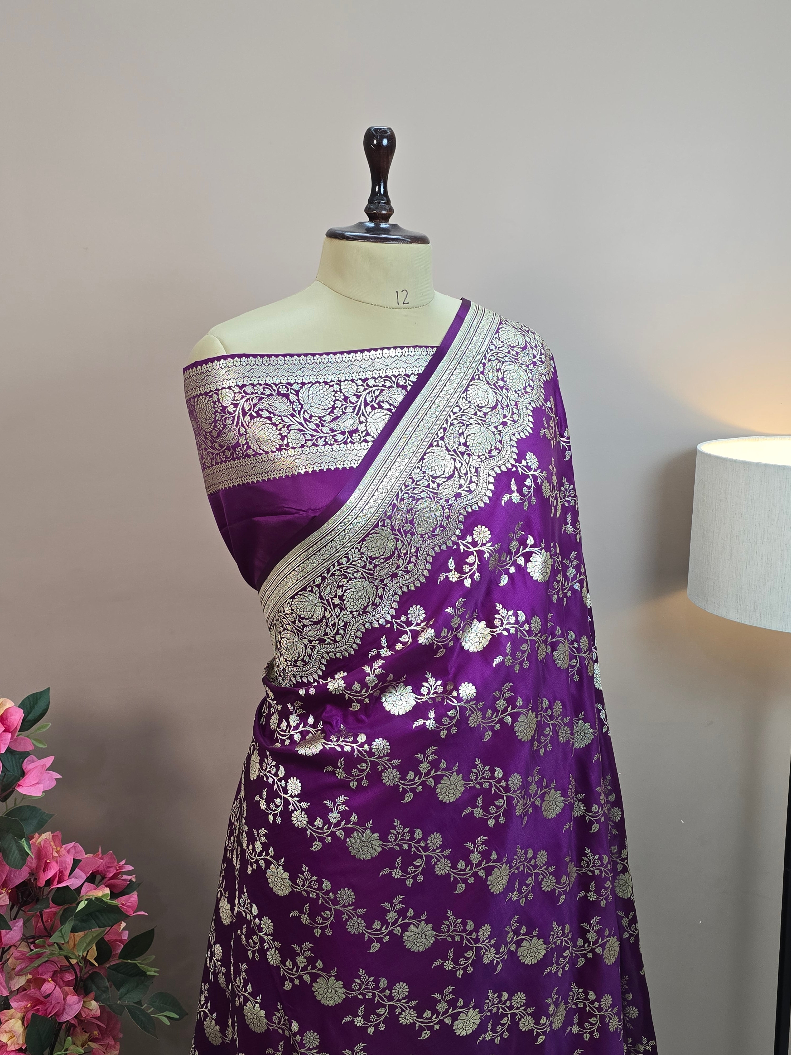 Malai Katan Satin Silk Banarasi Saree - Purple Body with All Over Jaal