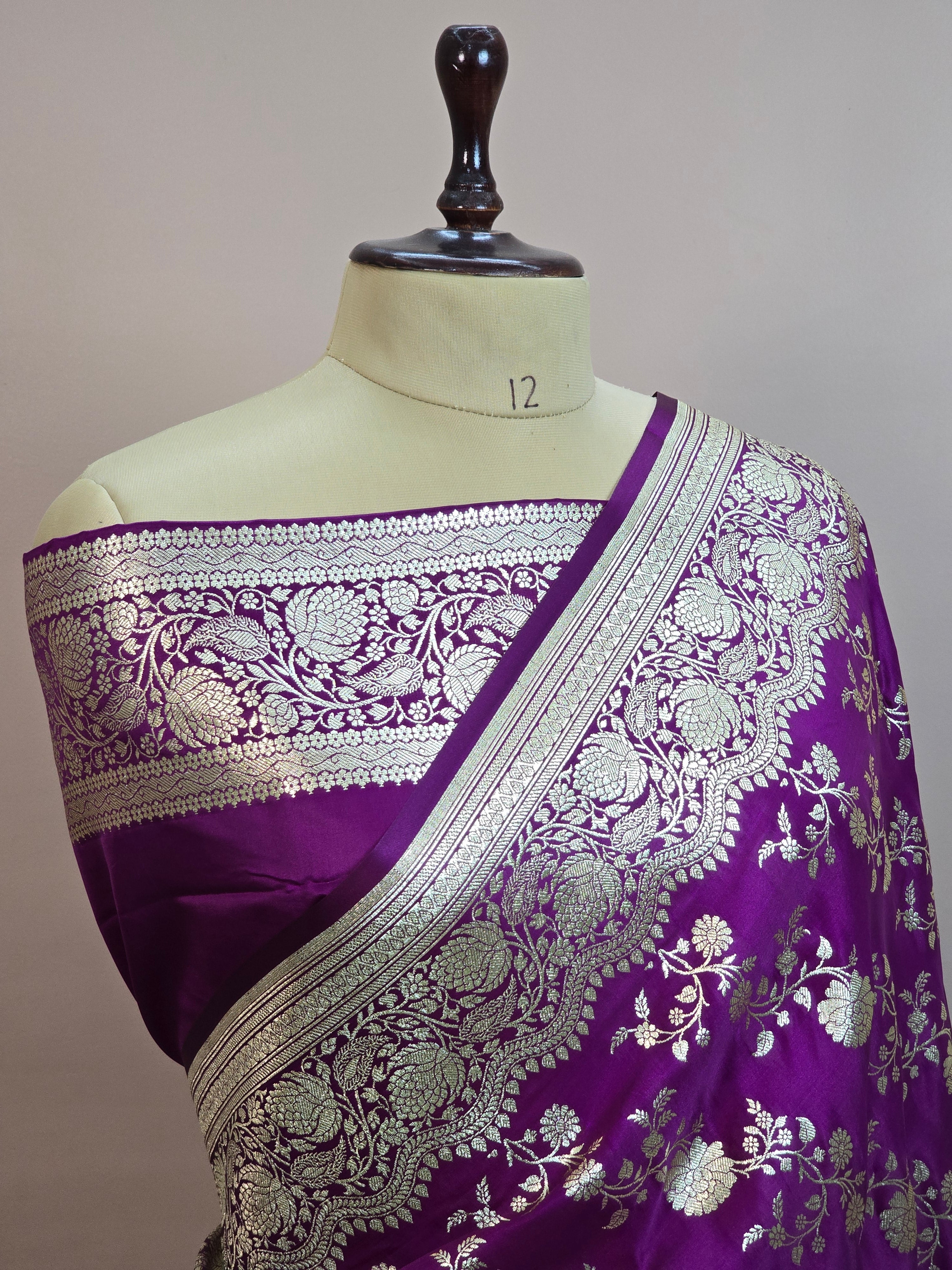 Malai Katan Satin Silk Banarasi Saree - Purple Body with All Over Jaal