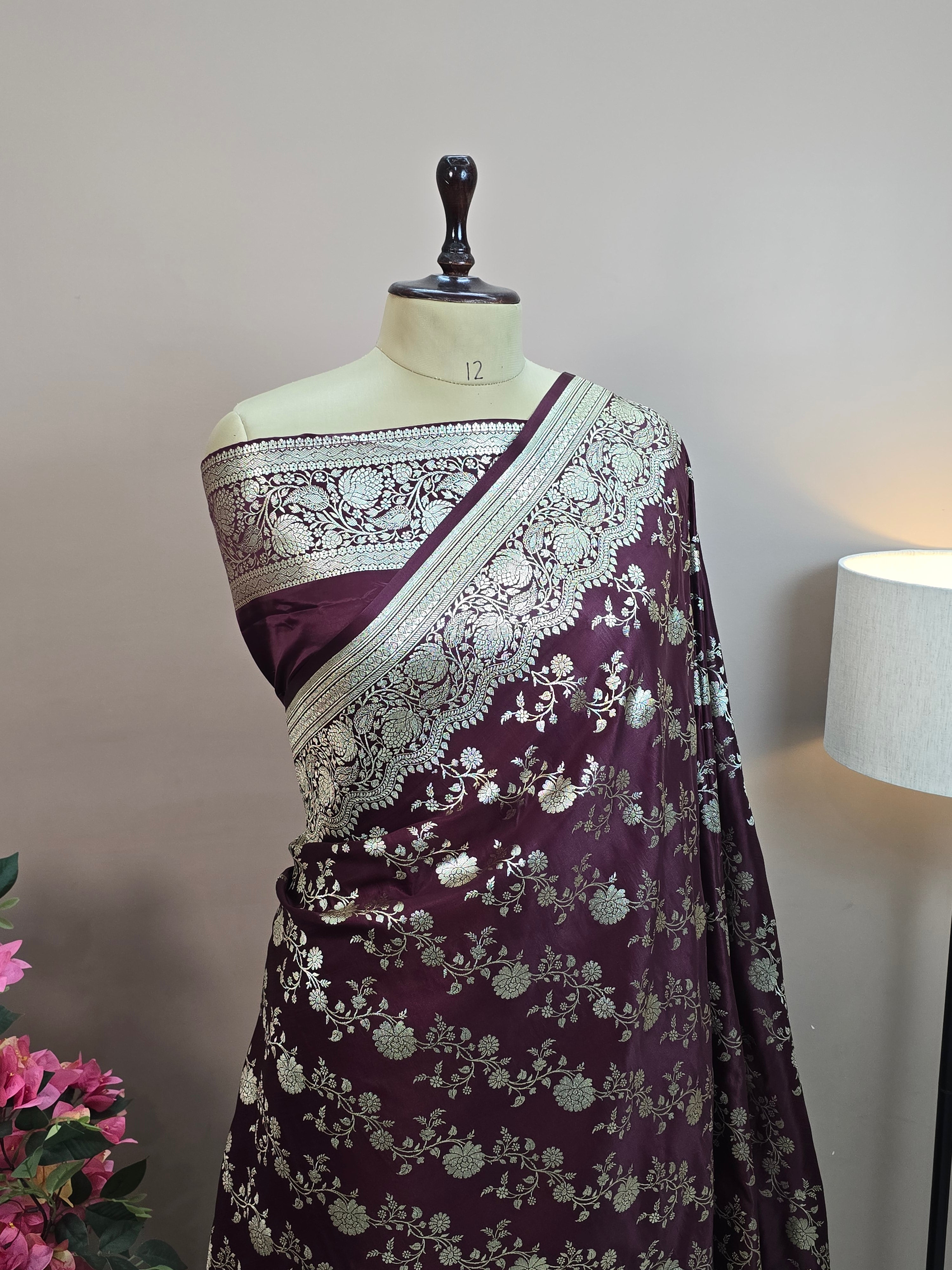 Malai Katan Satin Silk Banarasi Saree - Brown Body with All Over Jaal