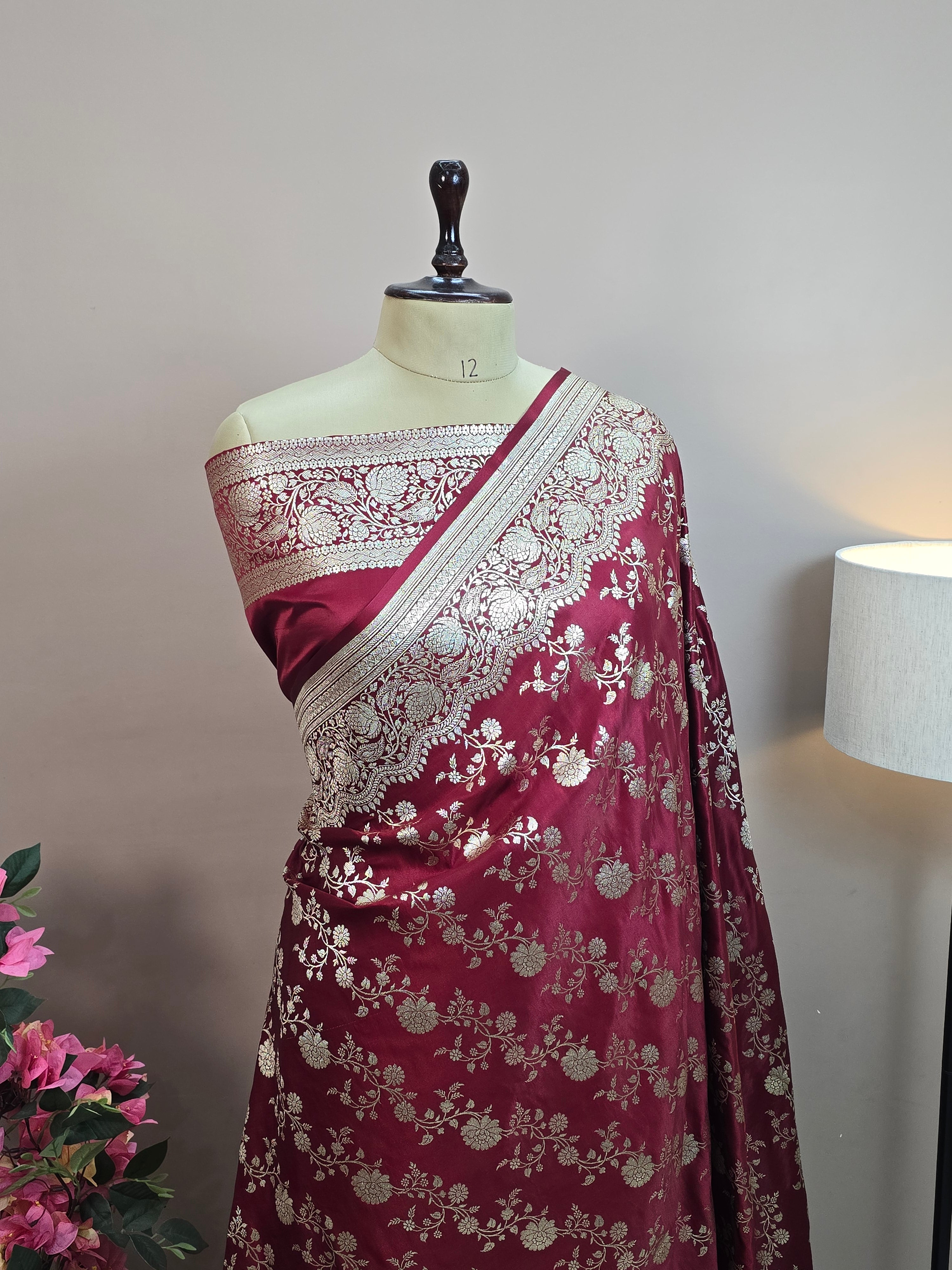 Malai Katan Satin Silk Banarasi Saree - Maroon Body with All Over Jaal