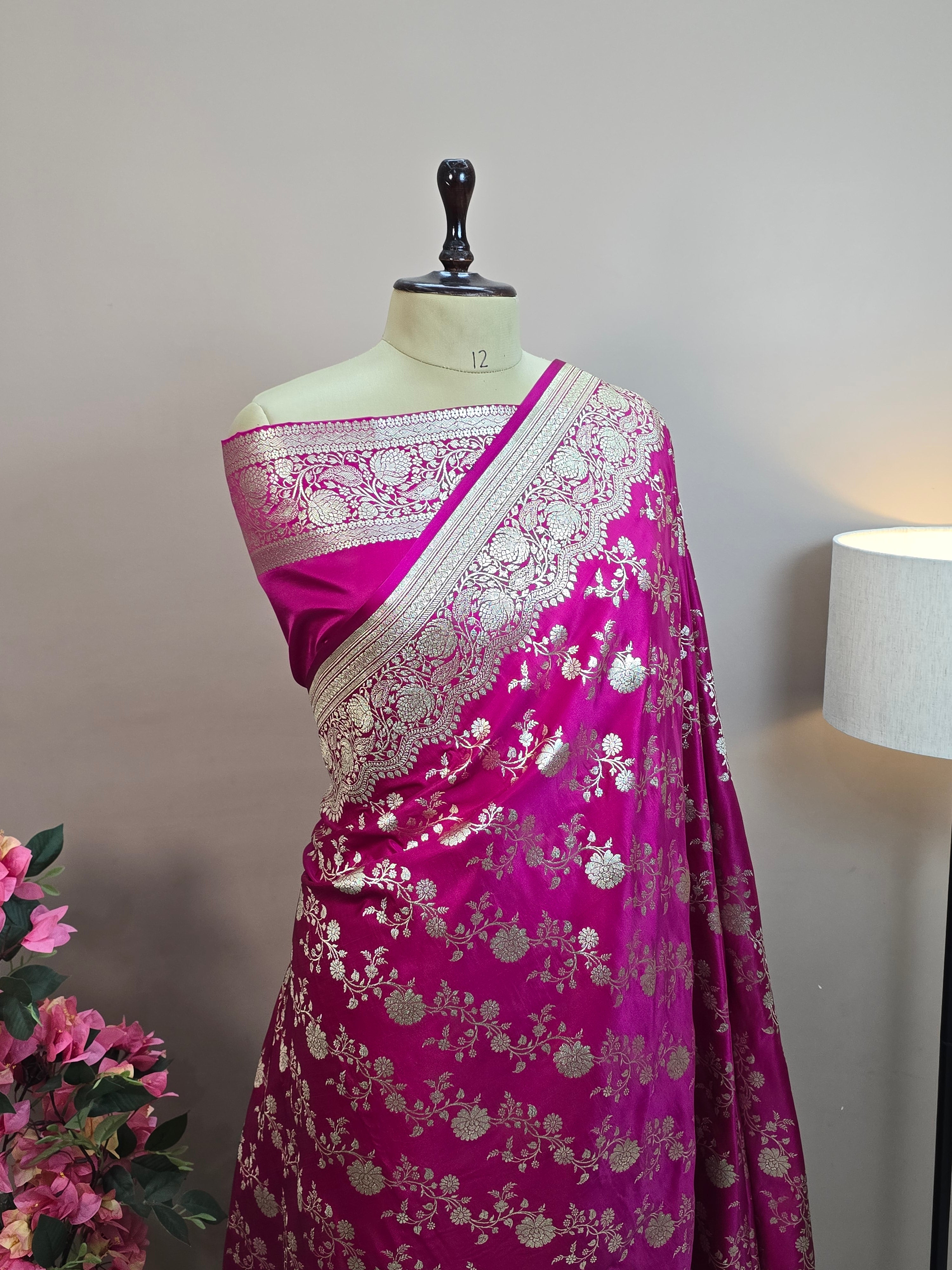 Malai Katan Satin Silk Banarasi Saree - Rani Pink Body with All Over Jaal