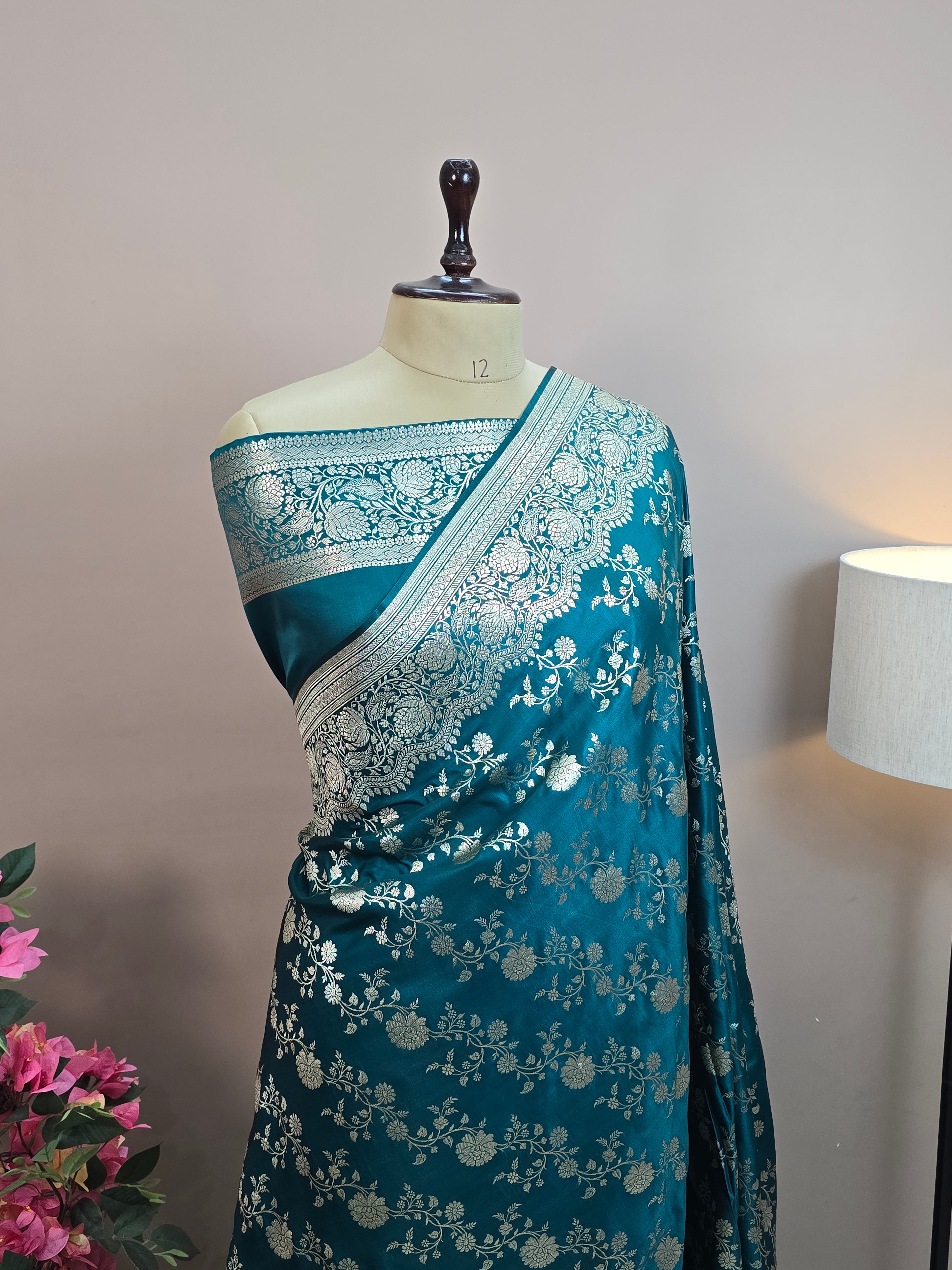 Malai Katan Satin Silk Banarasi Saree - Sea Green Body with All Over Jaal