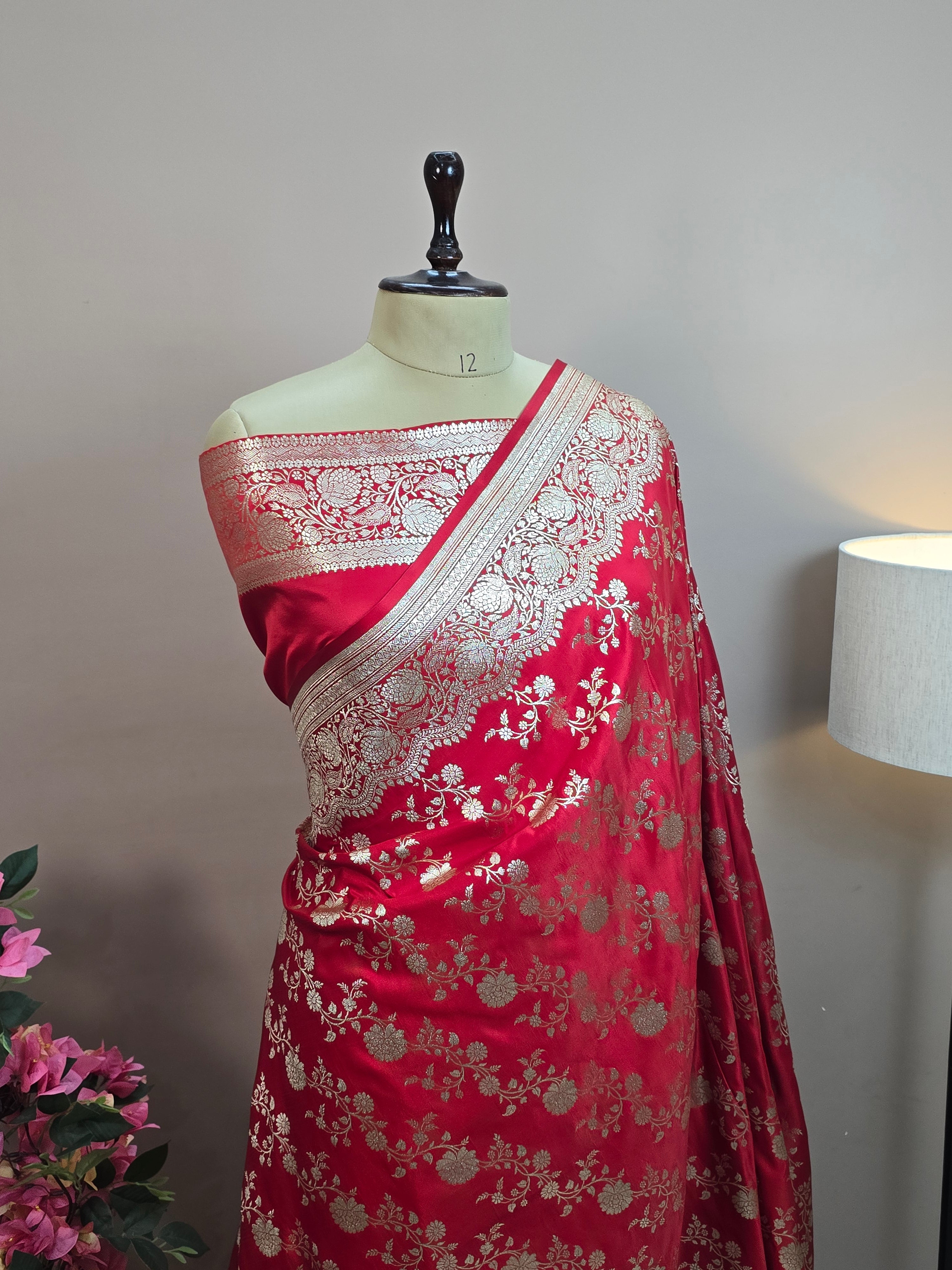 Malai Katan Satin Silk Banarasi Saree - Red Body with All Over Jaal