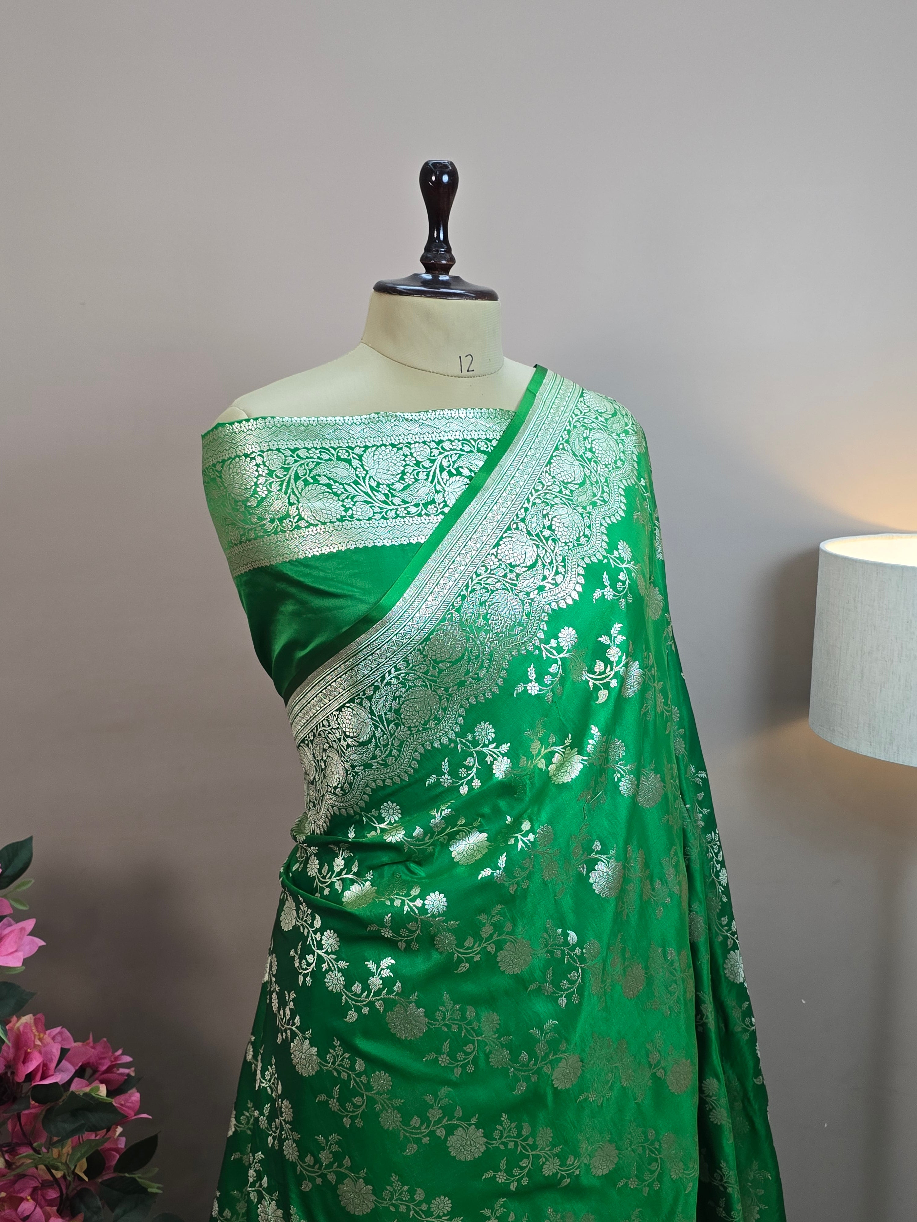 Malai Katan Satin Silk Banarasi Saree - Green Body with All Over Jaal