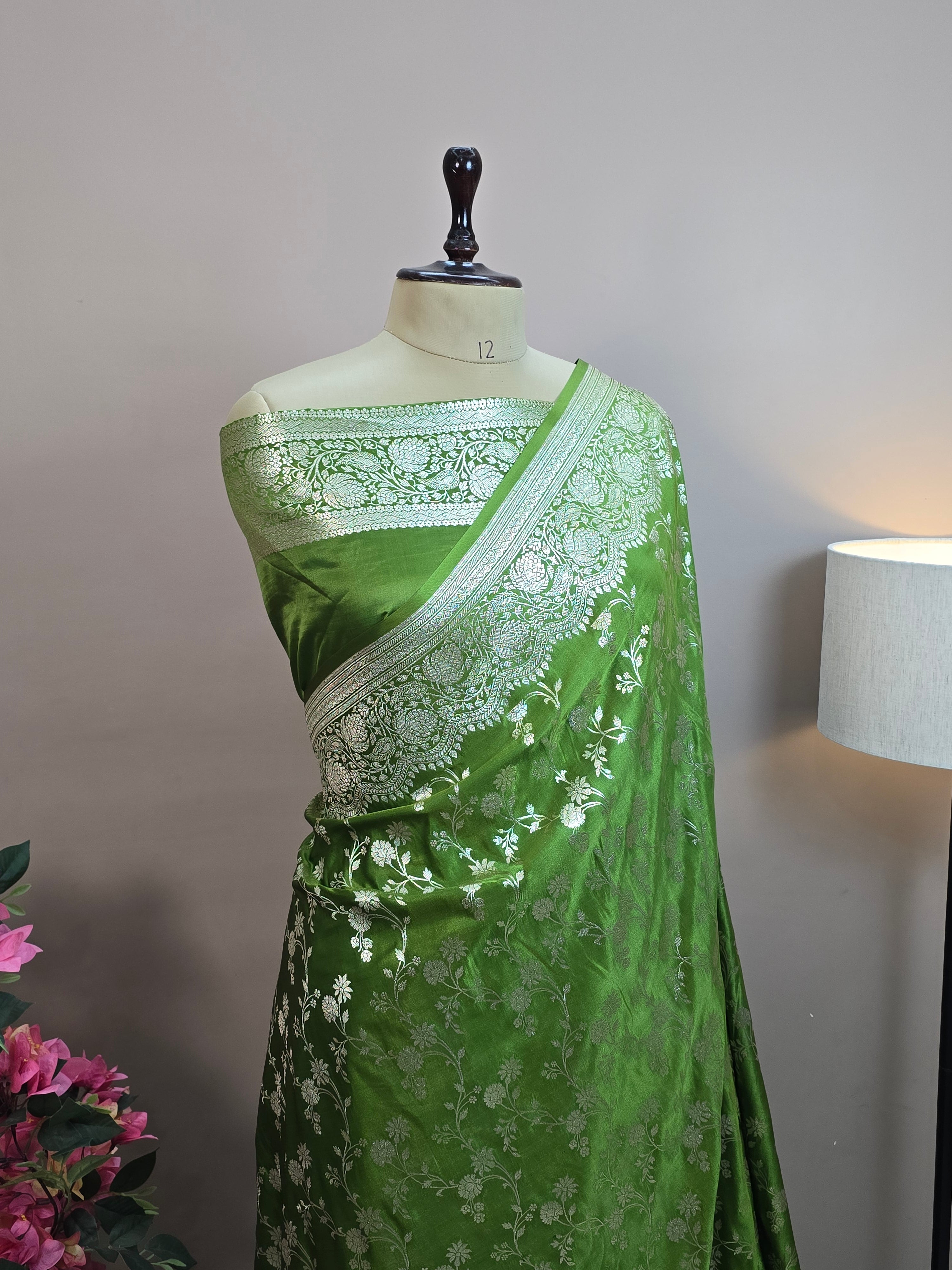 Malai Katan Satin Silk Banarasi Saree - Pista Green Body with All Over Jaal