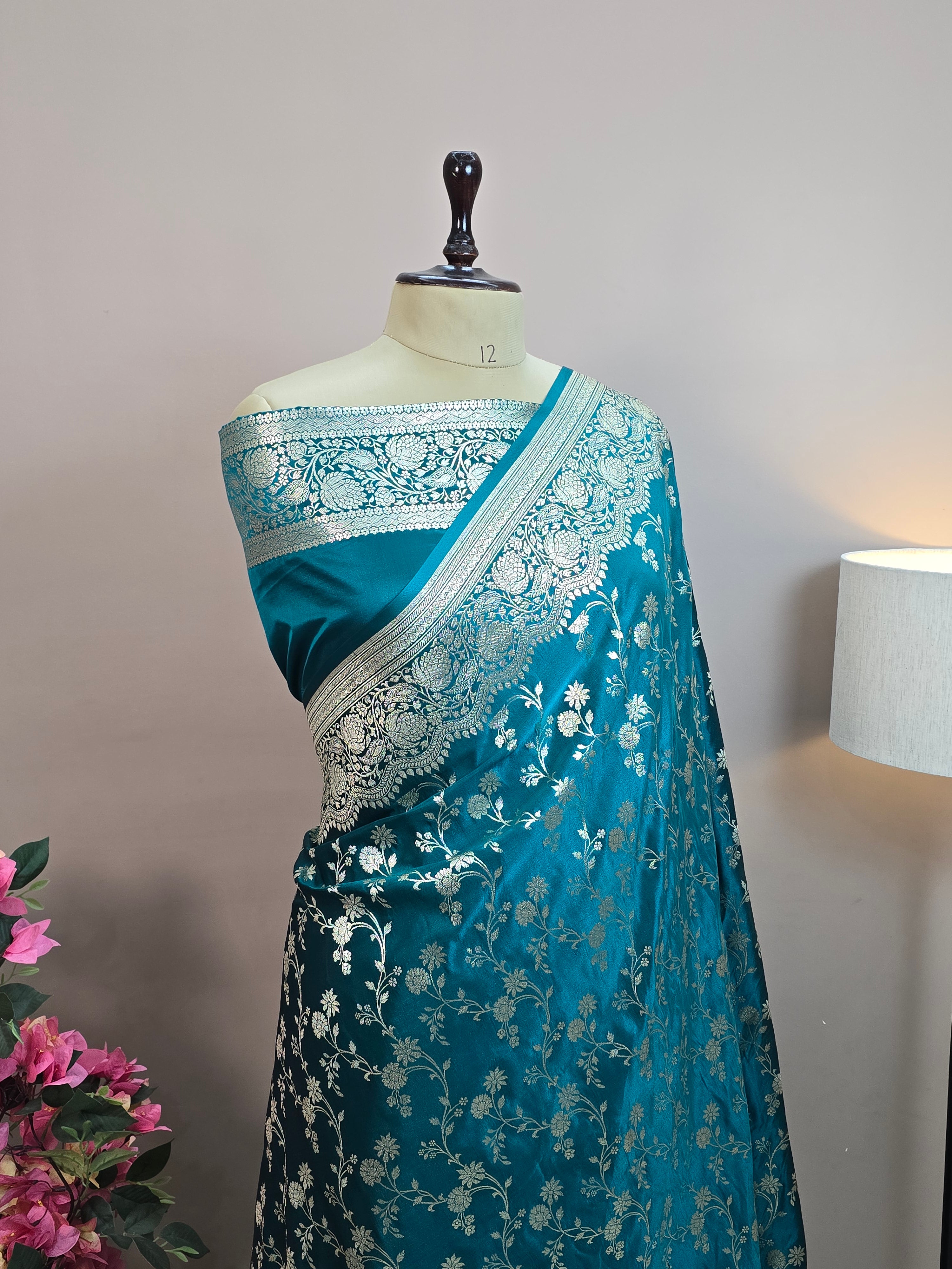 Malai Katan Satin Silk Banarasi Saree - Firozi Blue Body with All Over Jaal