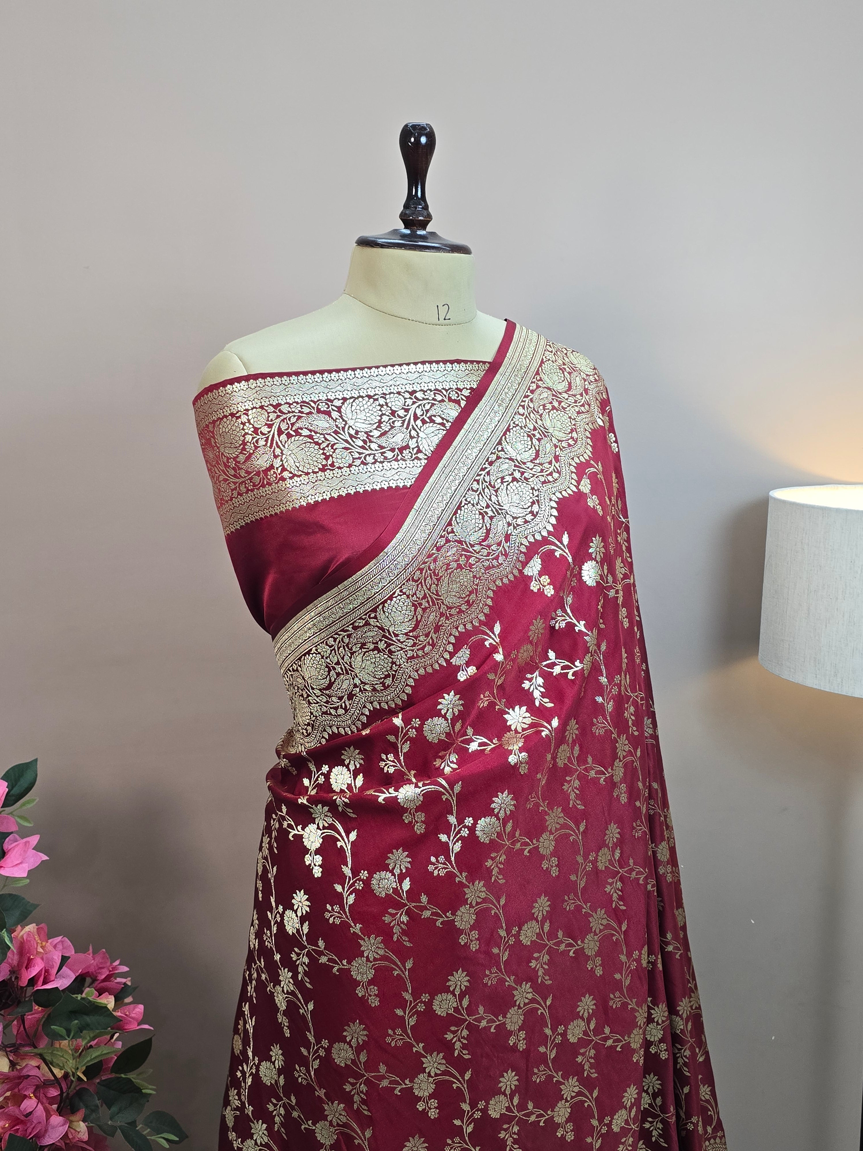 Malai Katan Satin Silk Banarasi Saree - Maroon Body with All Over Jaal