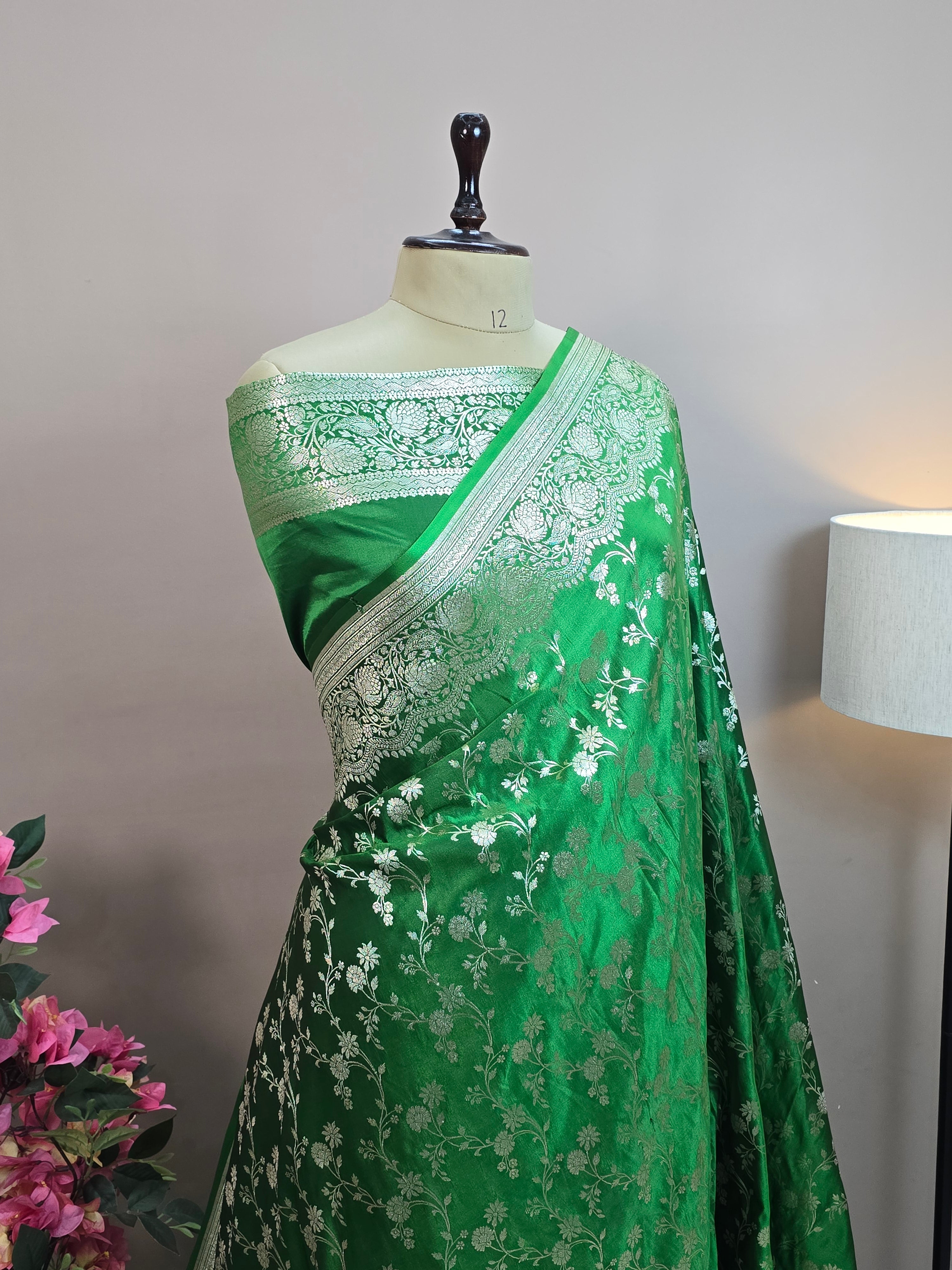 Malai Katan Satin Silk Banarasi Saree - Green Body with All Over Jaal