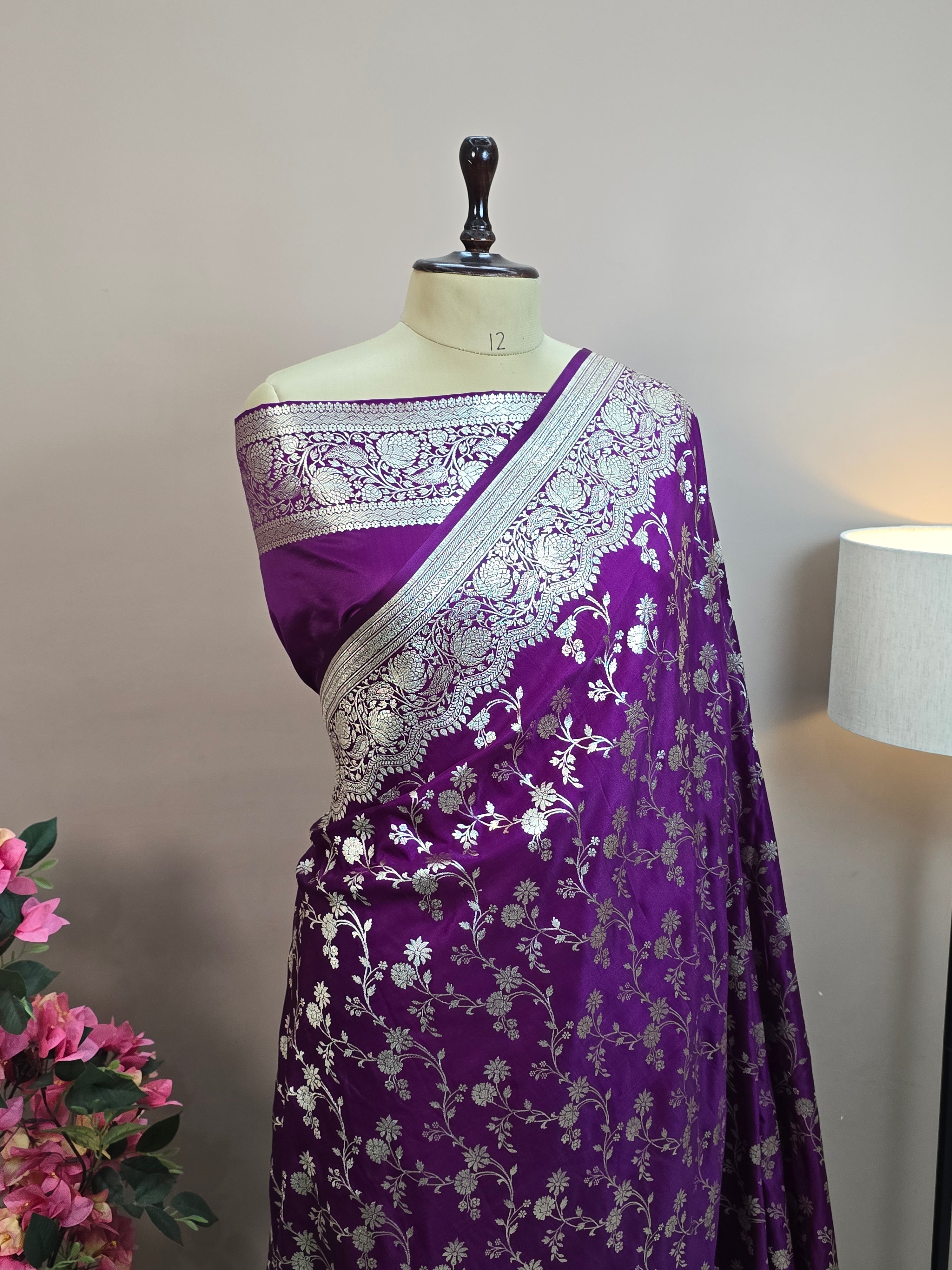 Malai Katan Satin Silk Banarasi Saree - Purple Body with All Over Jaal