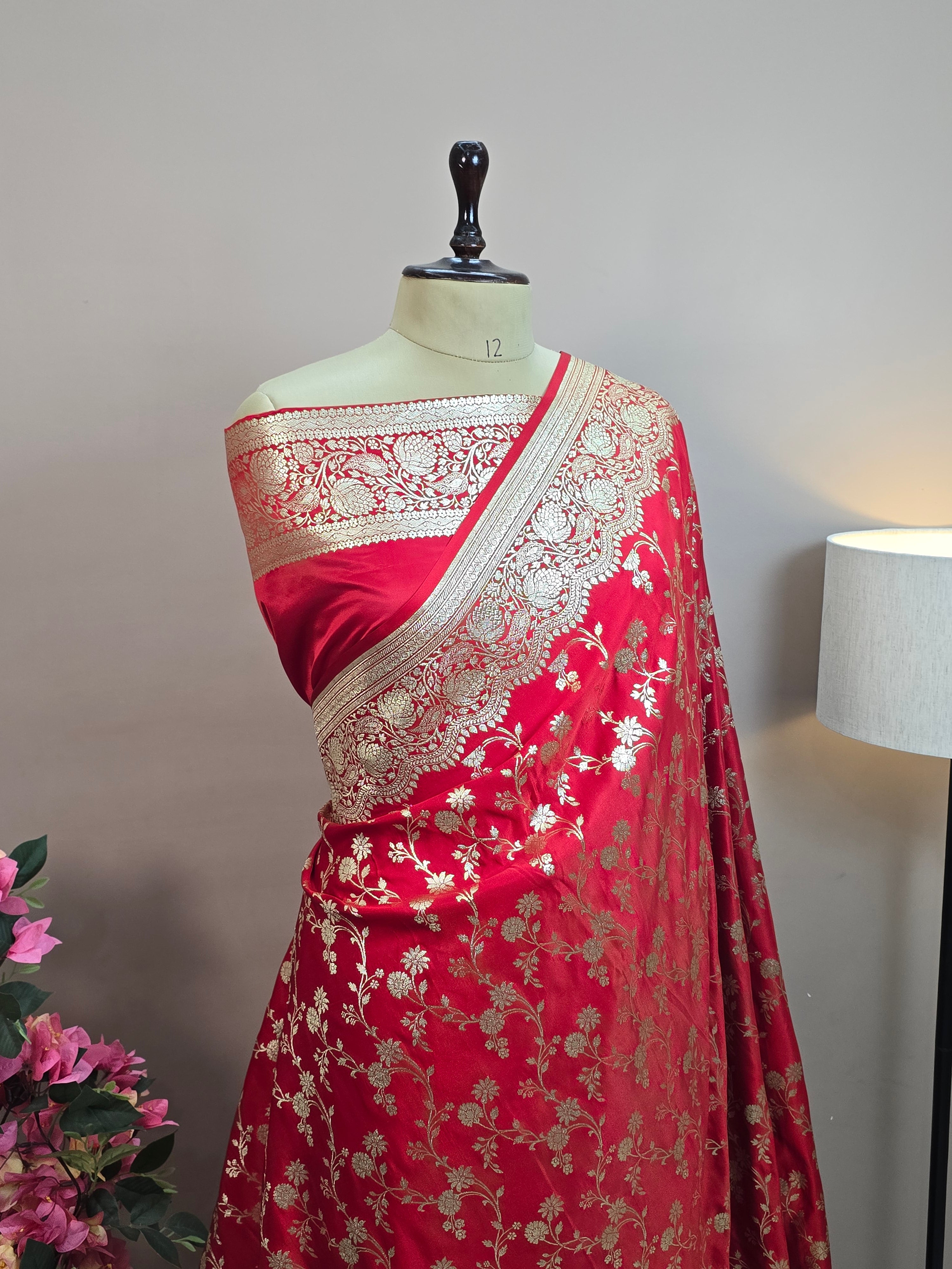 Malai Katan Satin Silk Banarasi Saree - Red Body with All Over Jaal