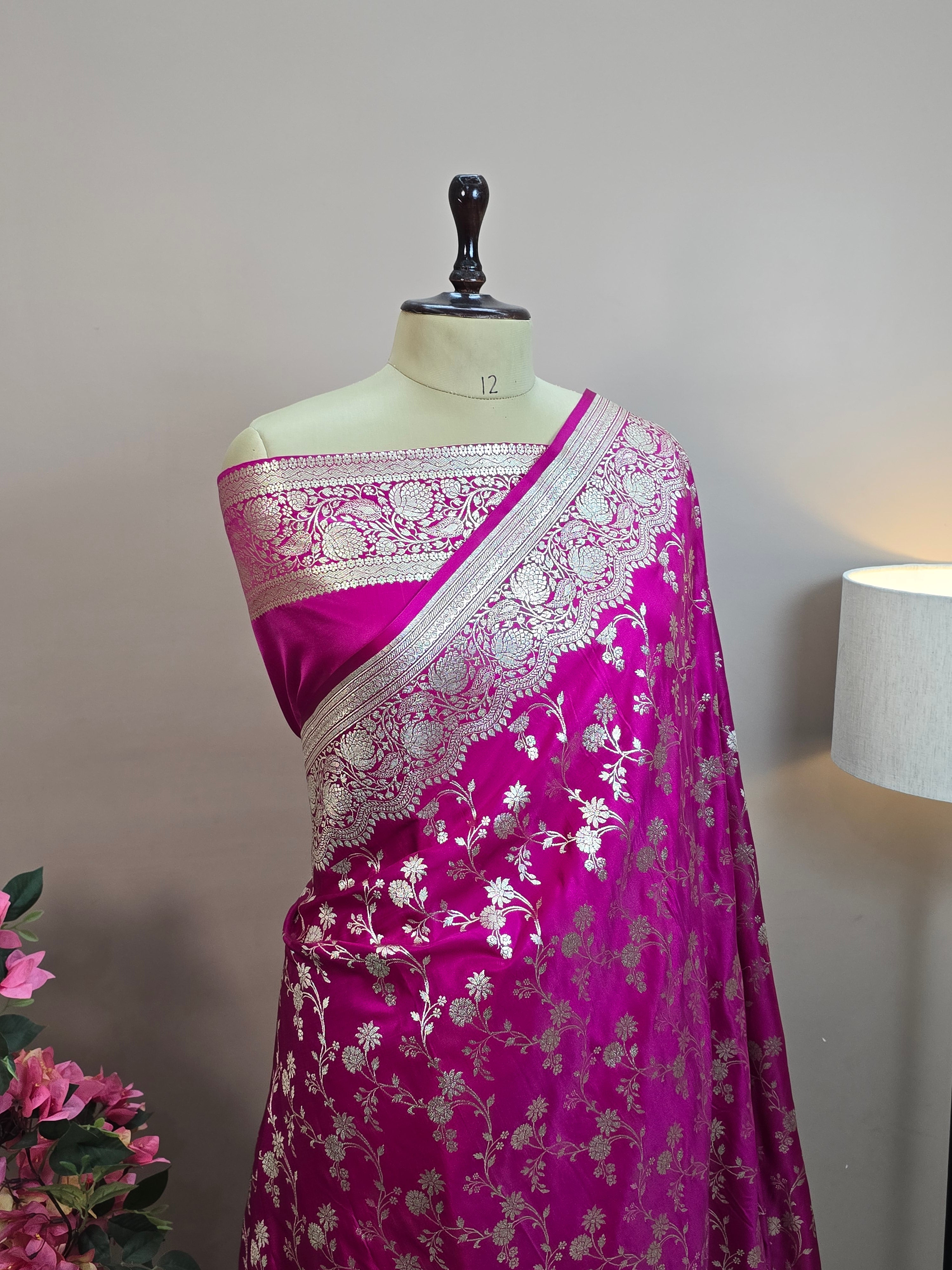 Malai Katan Satin Silk Banarasi Saree - Rani Pink Body with All Over Jaal