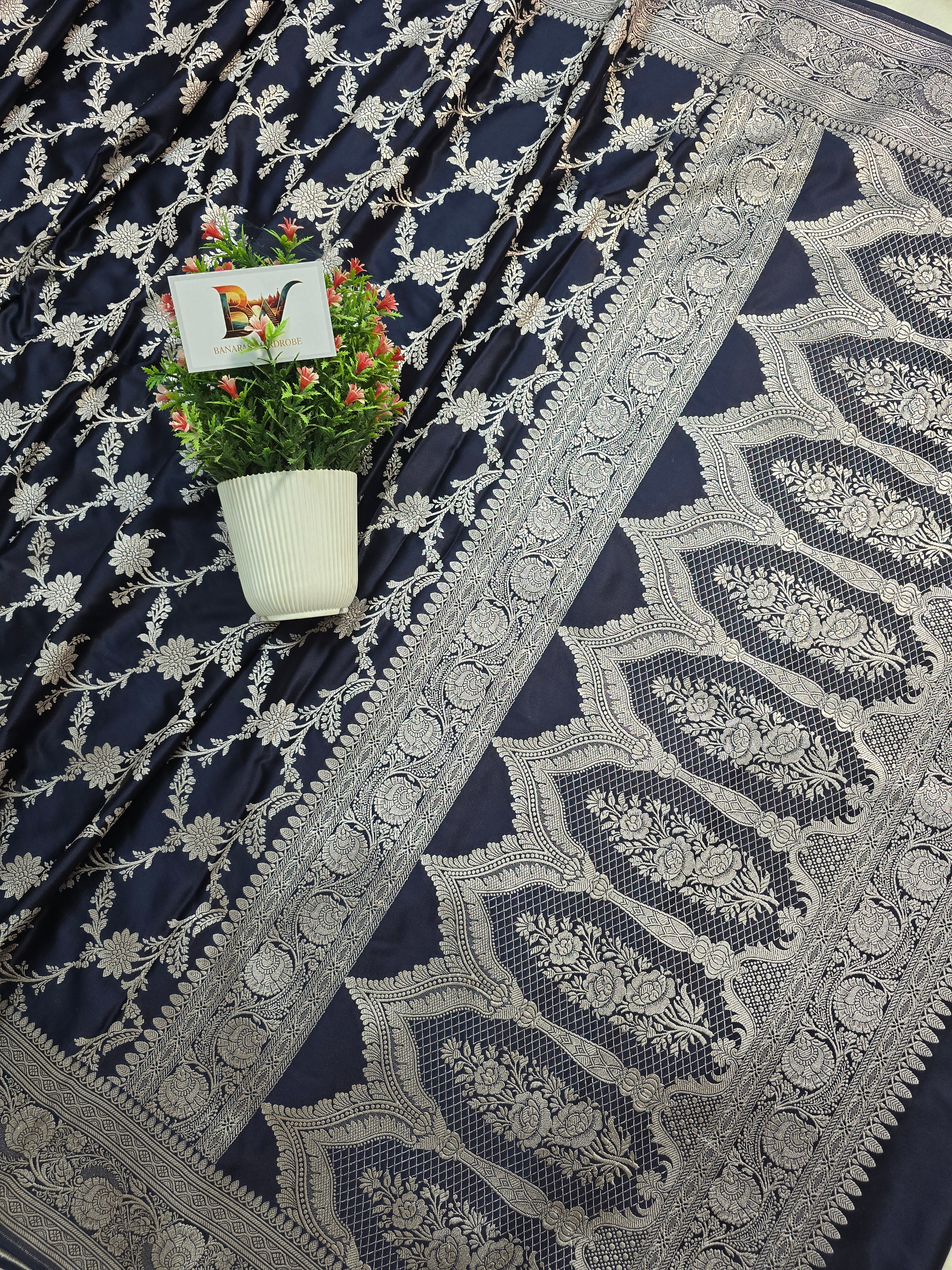 Mashru Katan Silk Banarasi Saree - Black Body with Silver Zari All Over Jaal