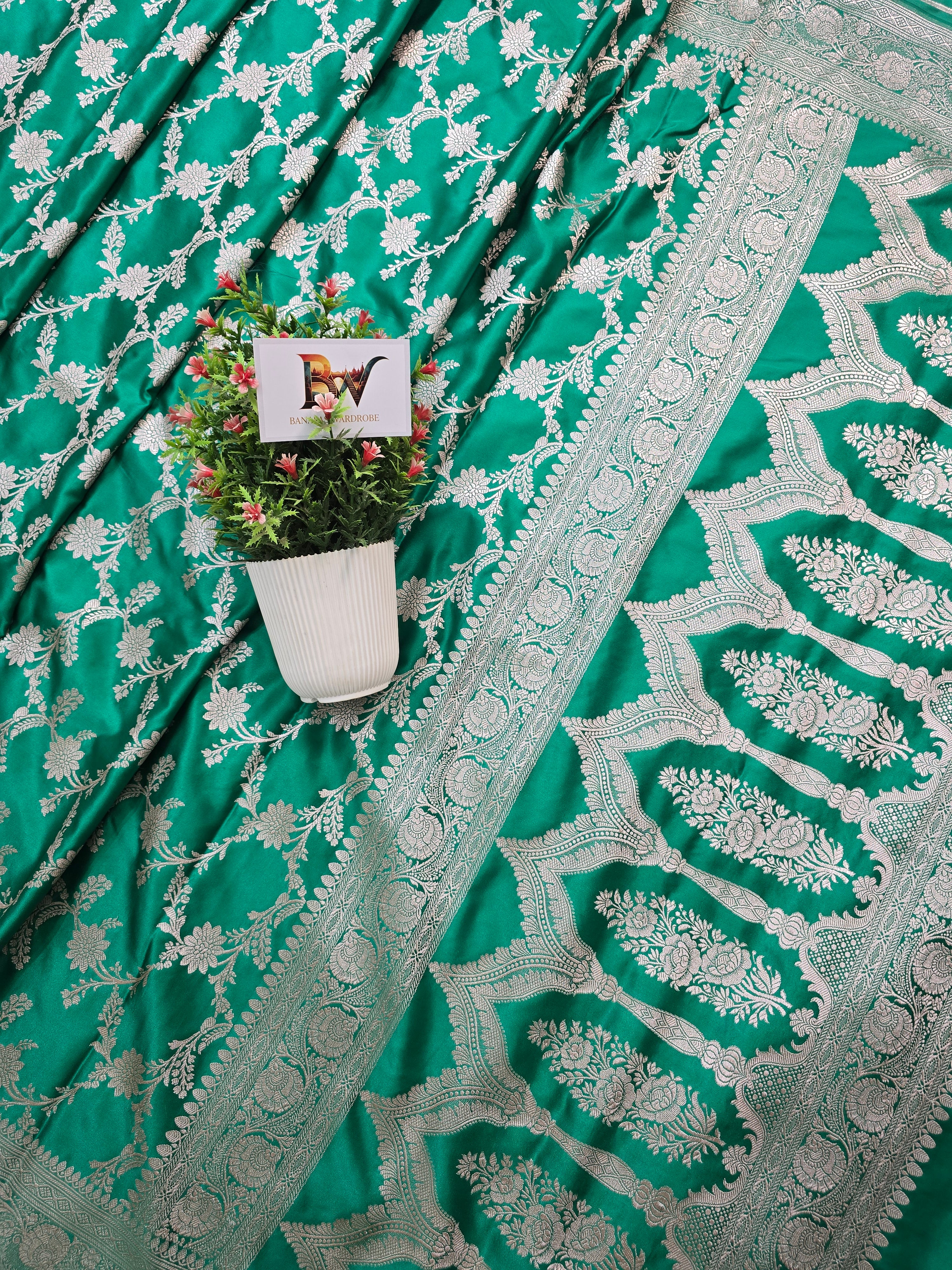 Mashru Katan Silk Banarasi Saree - Sea Green Body with Silver Zari All Over Jaal