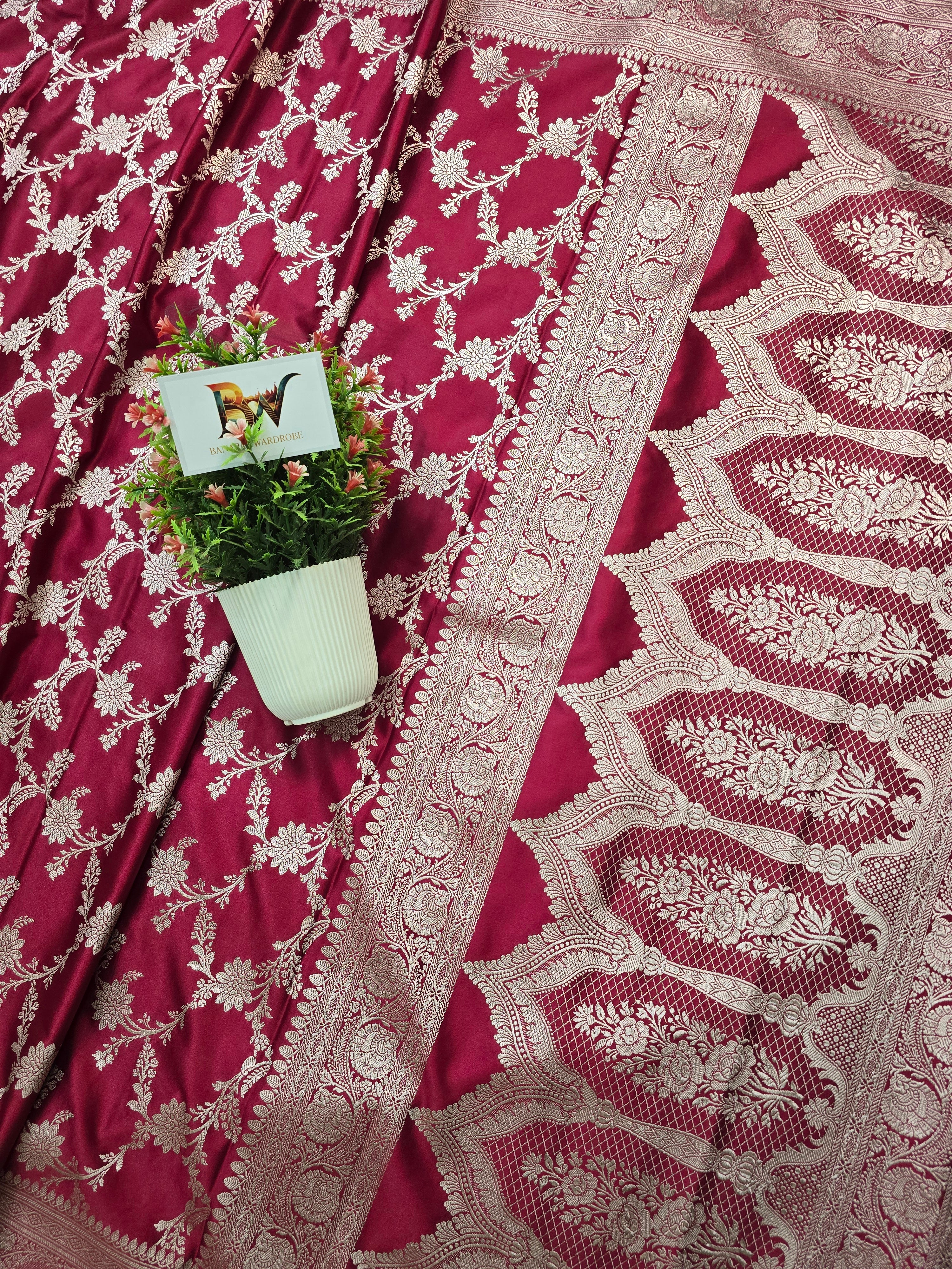 Mashru Katan Silk Banarasi Saree - Wine Body with Silver Zari All Over Jaal