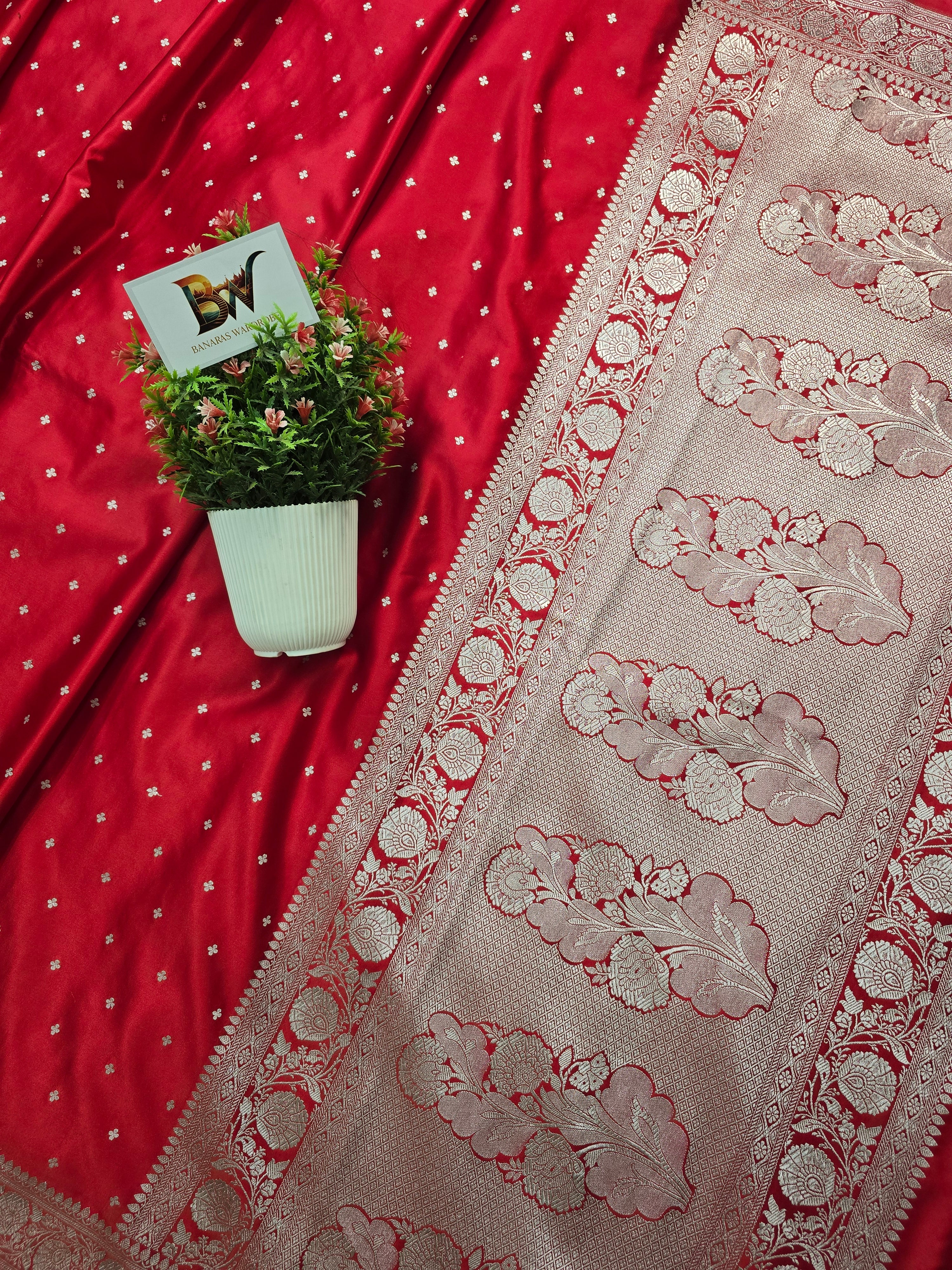 Mashru Katan Silk Banarasi Saree - Red Body with Silver Zari All Over Booti