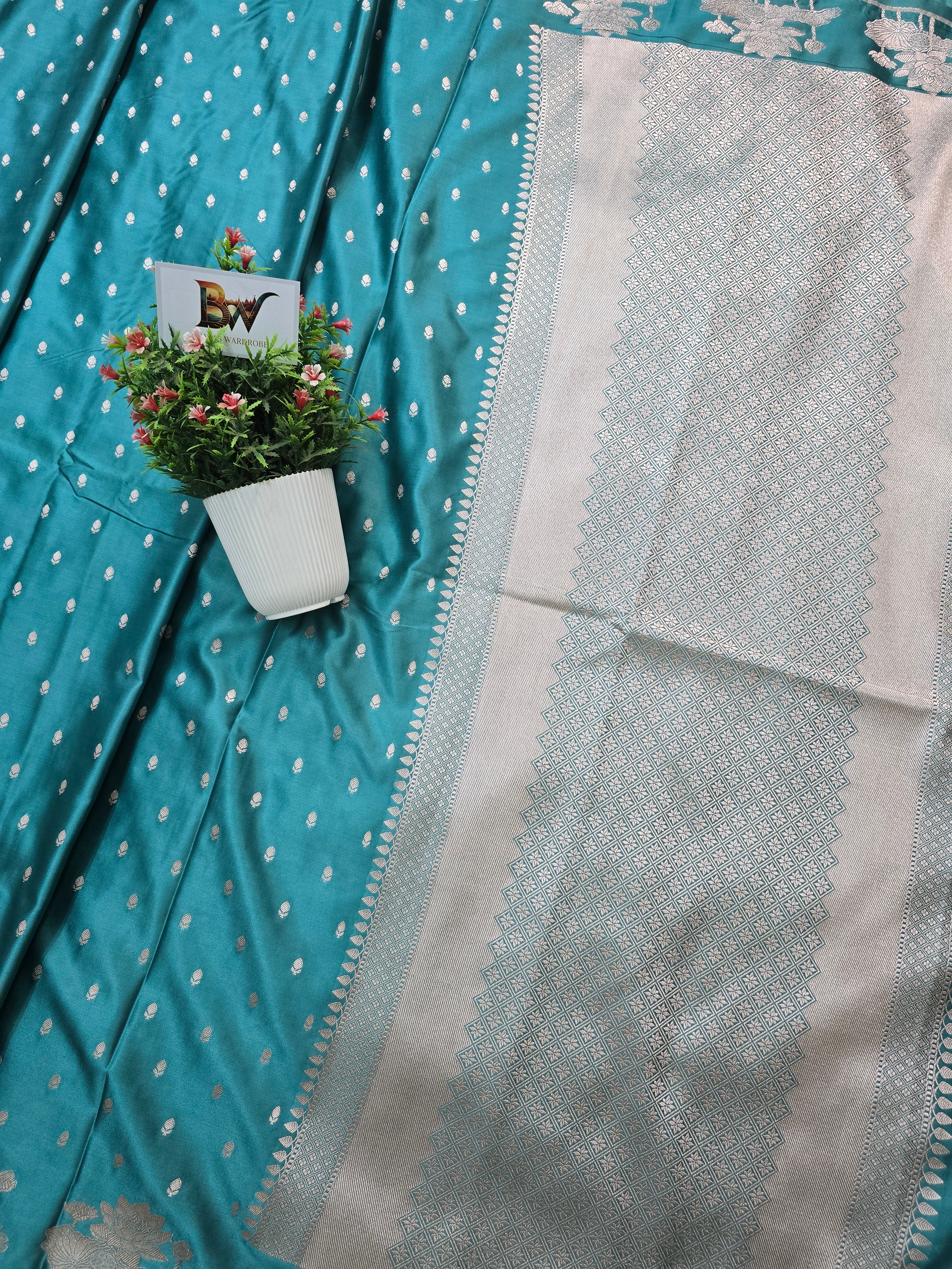 Mashru Katan Silk Banarasi Saree Open Border - Firozi Blue Body with All Over Booti