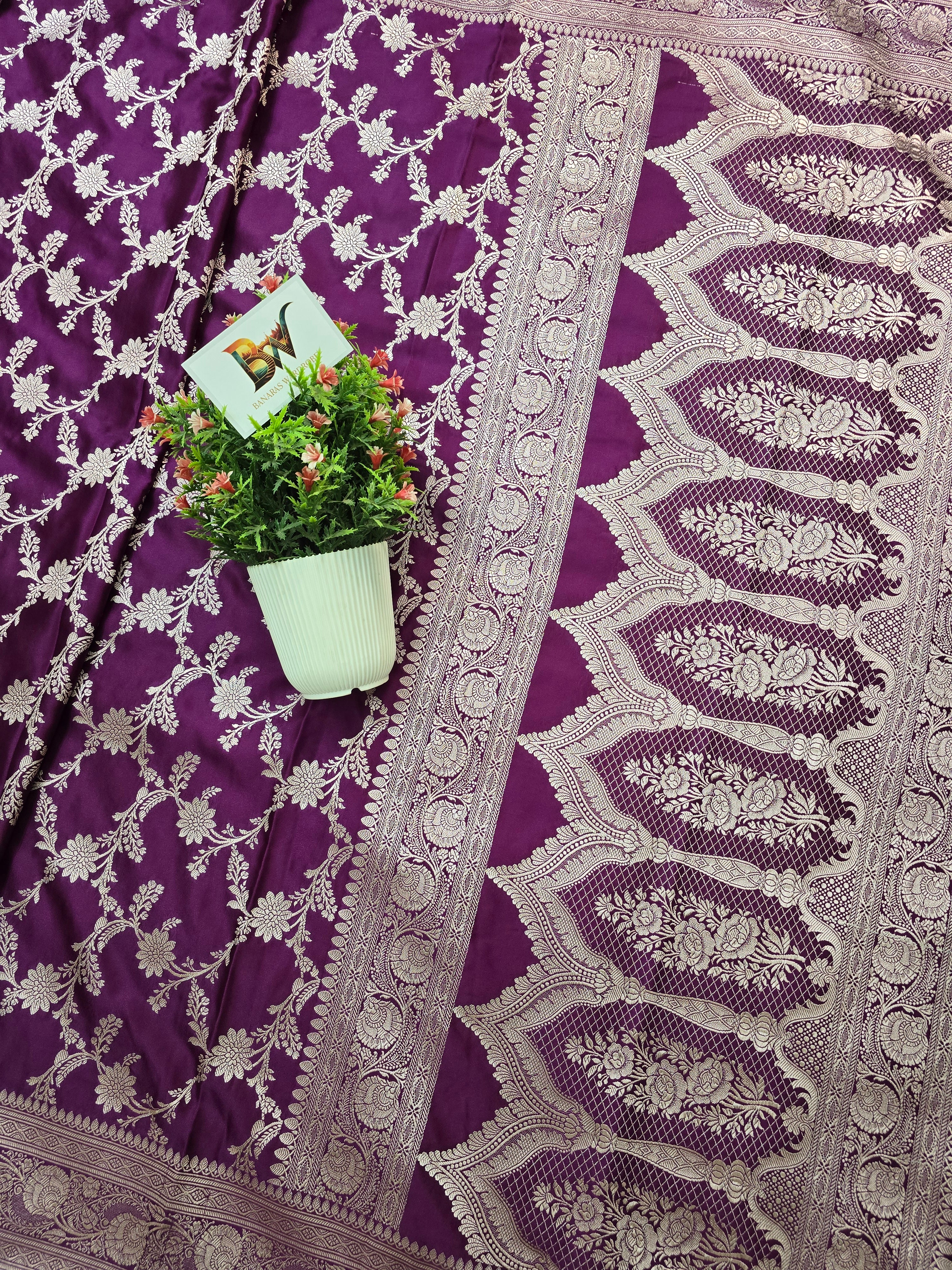 Mashru Katan Silk Banarasi Saree - Purple Body with Mashru Katan Silk Banarasi Saree - Gold Body with Silver Zari All Over Jaal