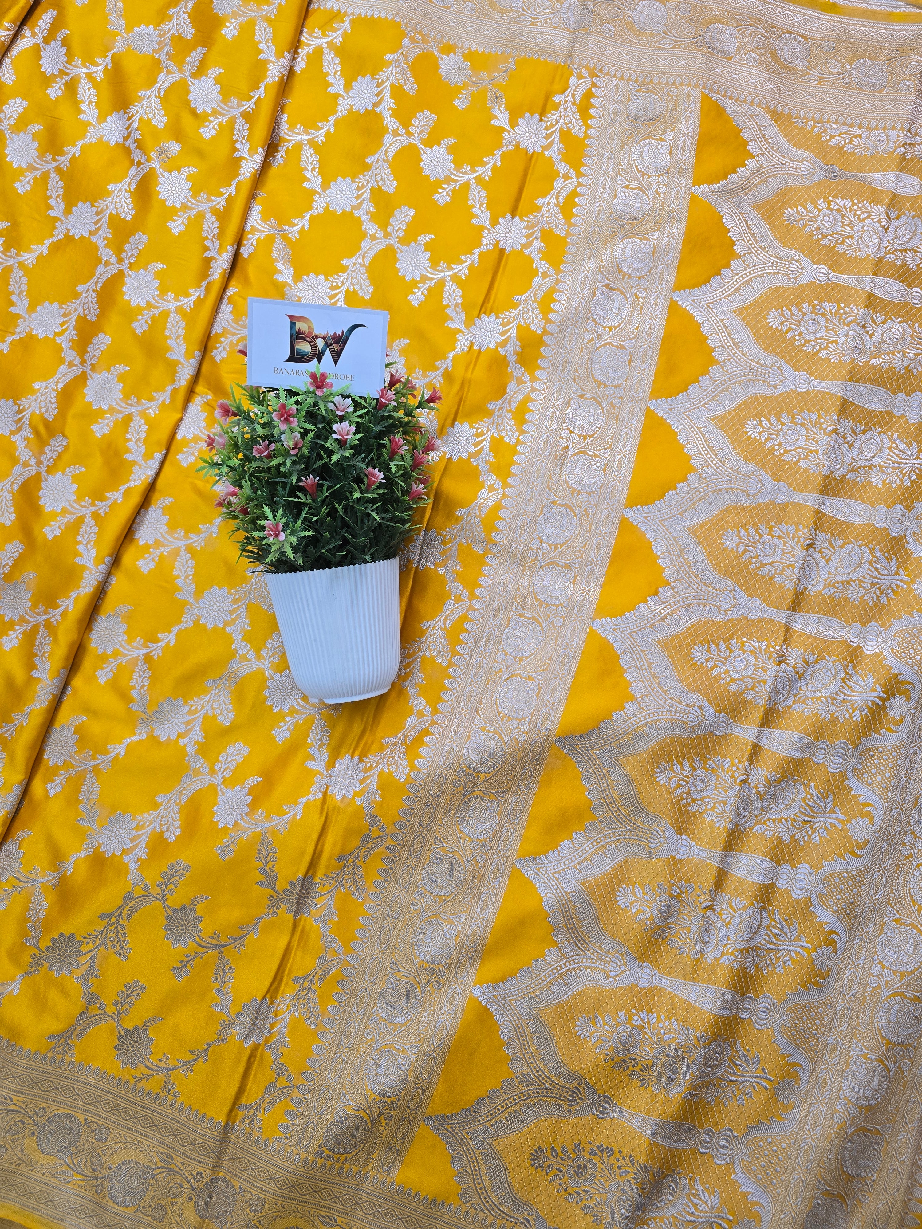 Mashru Katan Silk Banarasi Saree - Gold Body with Silver Zari All Over Jaal