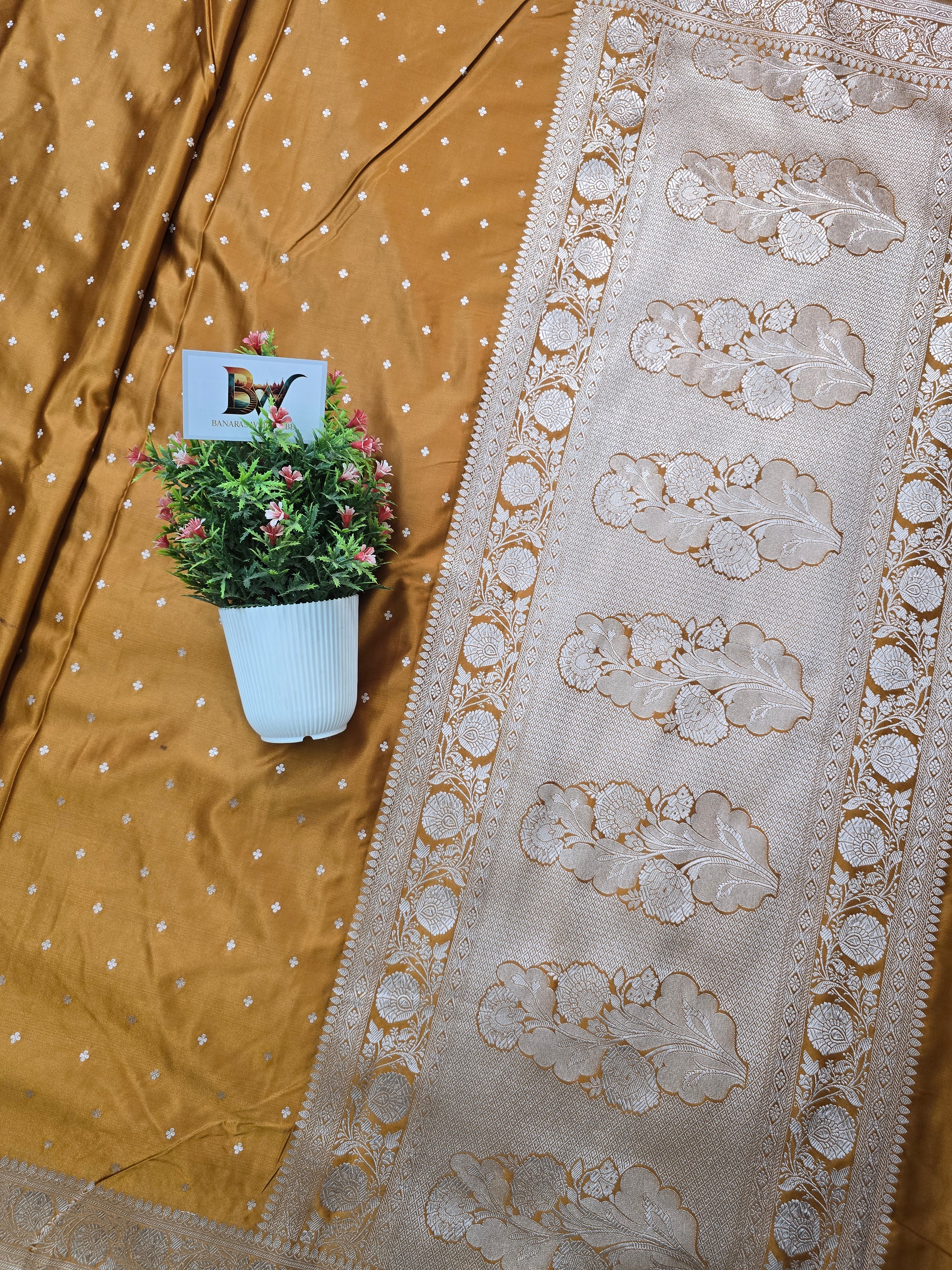 Mashru Katan Silk Banarasi Saree - Mustard Gold Body with Silver Zari All Over Booti