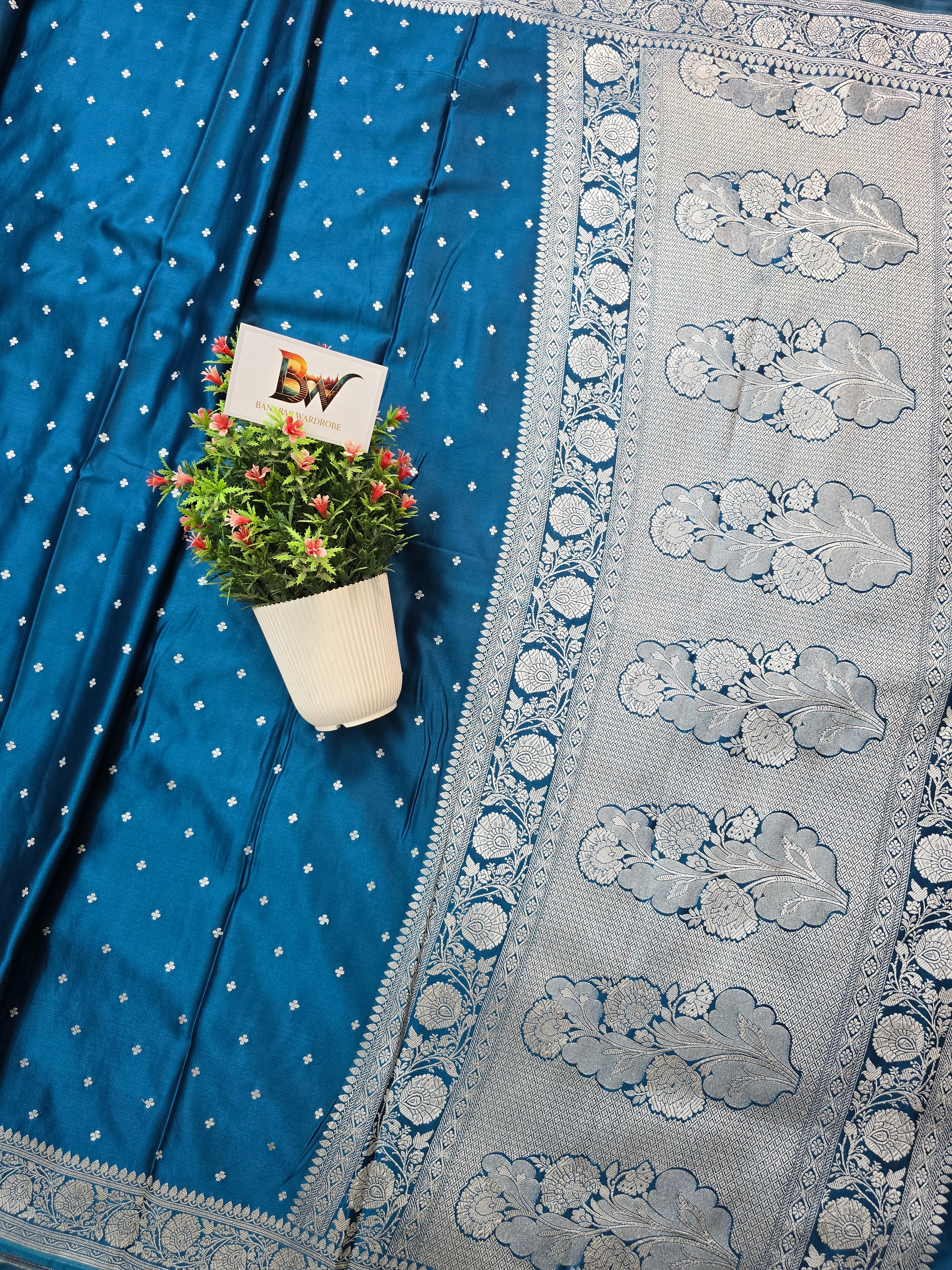 Mashru Katan Silk Banarasi Saree - Firozi Blue Body with Silver Zari All Over Booti
