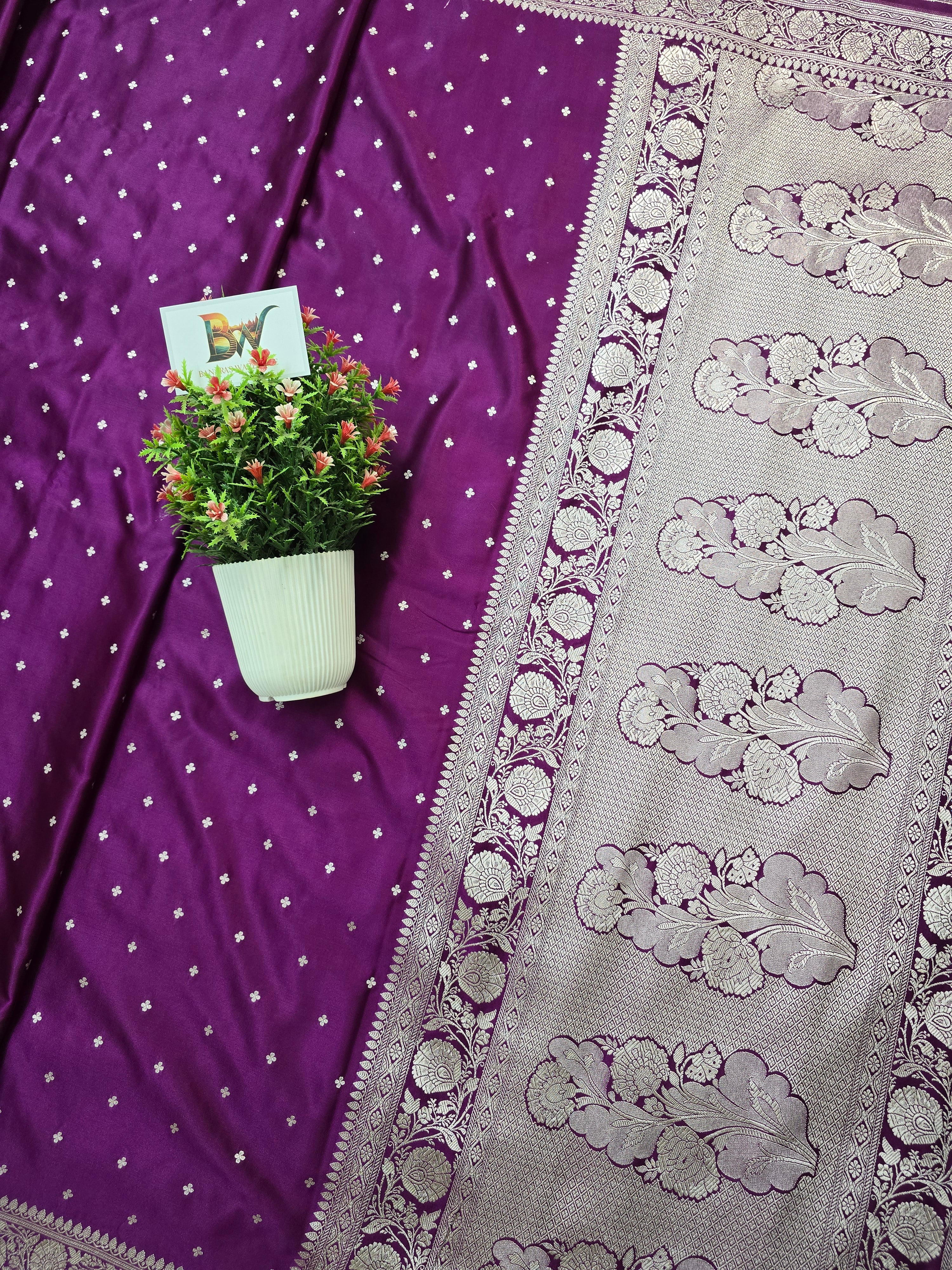 Mashru Katan Silk Banarasi Saree - Purple Body with Silver Zari All Over Booti