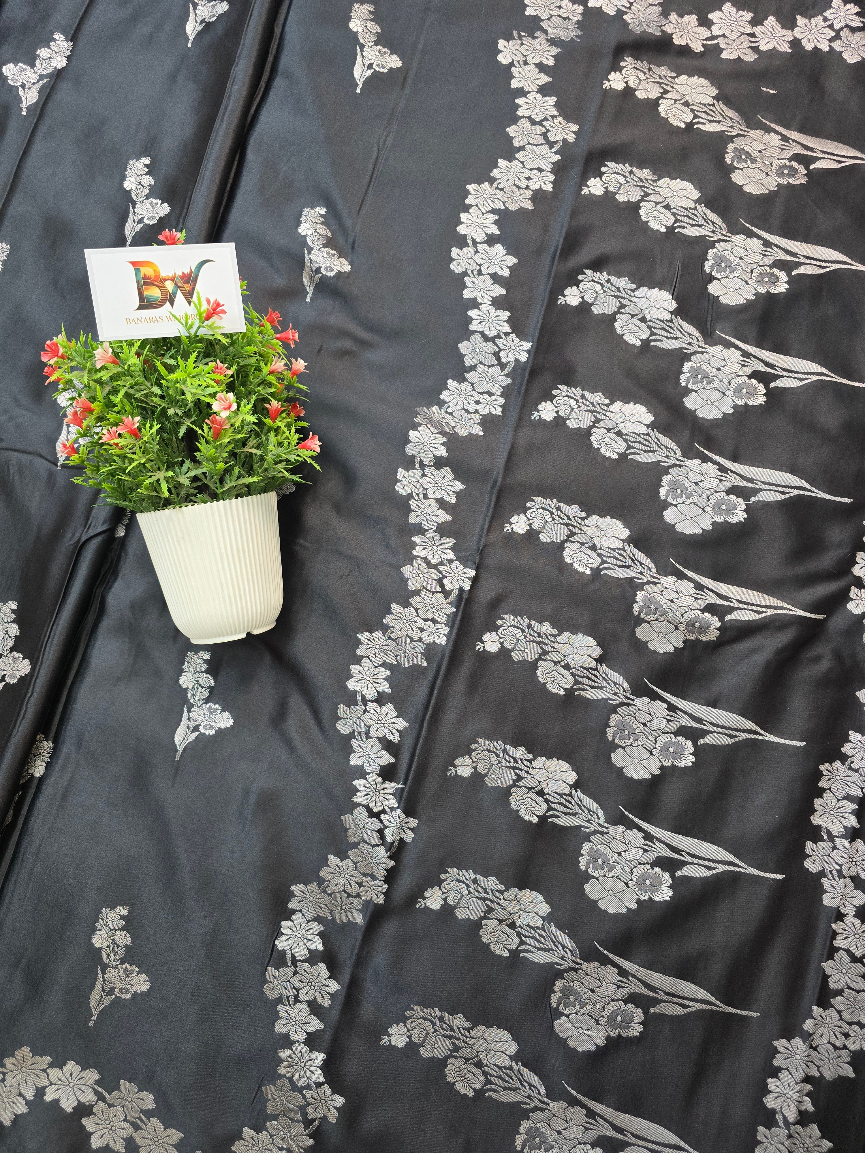 Mashru Katan Silk Banarasi Saree Open Border - Black Body with Flower Bootas