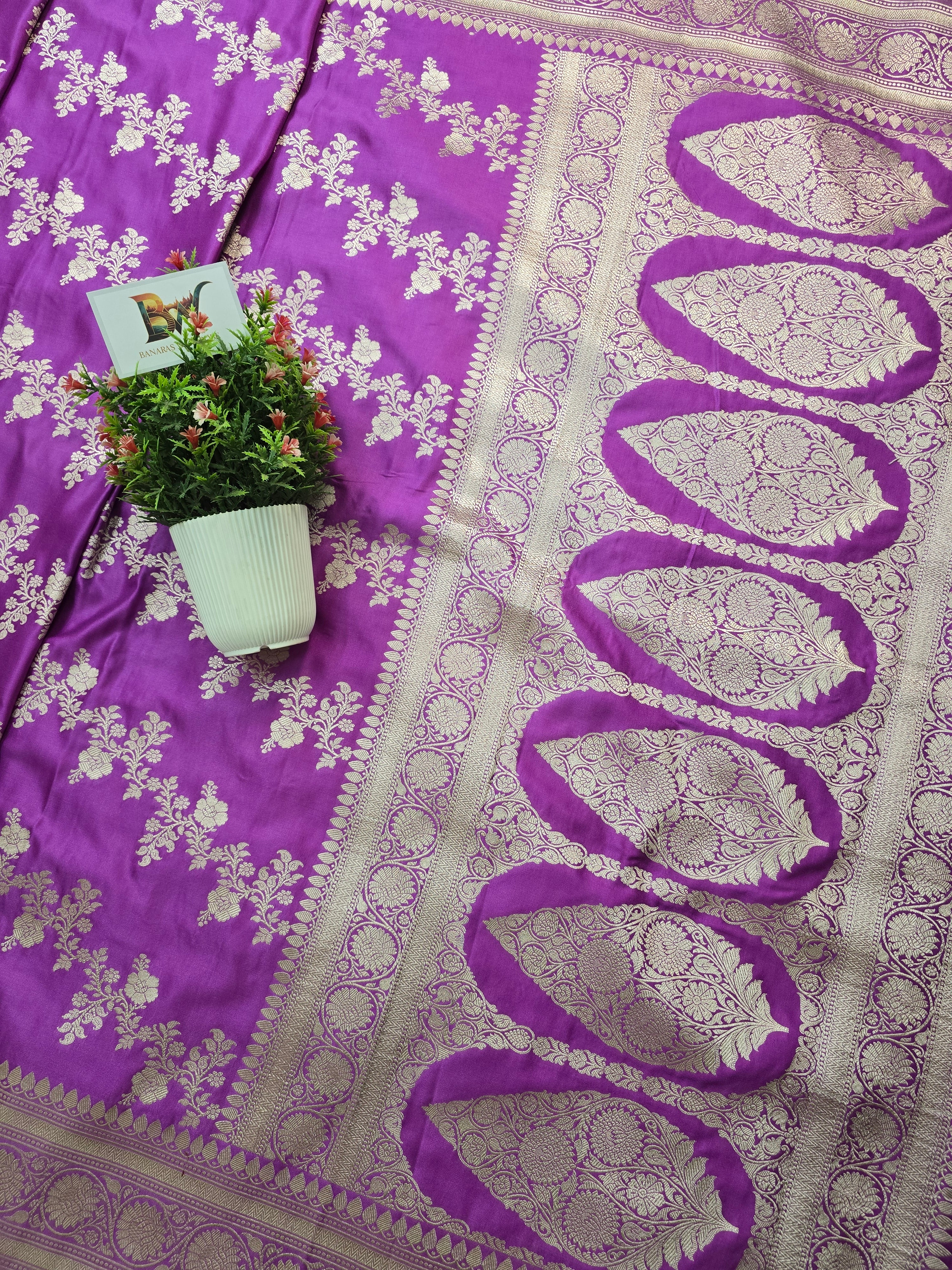 Mashru Katan Silk Banarasi Saree – Purple Body with All Over Silver Zari Jaal