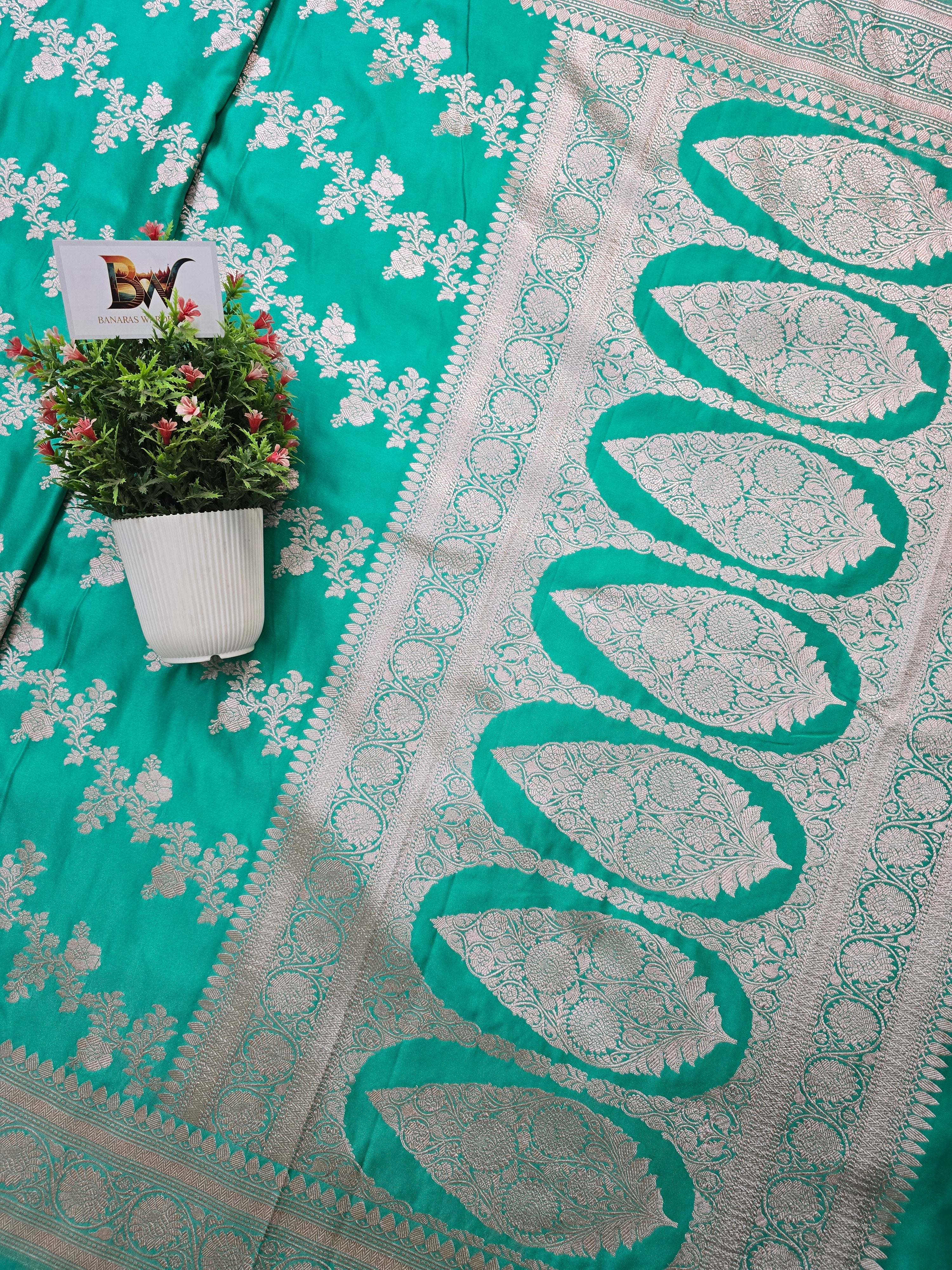 Mashru Katan Silk Banarasi Saree – Sea Green Body with All Over Silver Zari Jaal