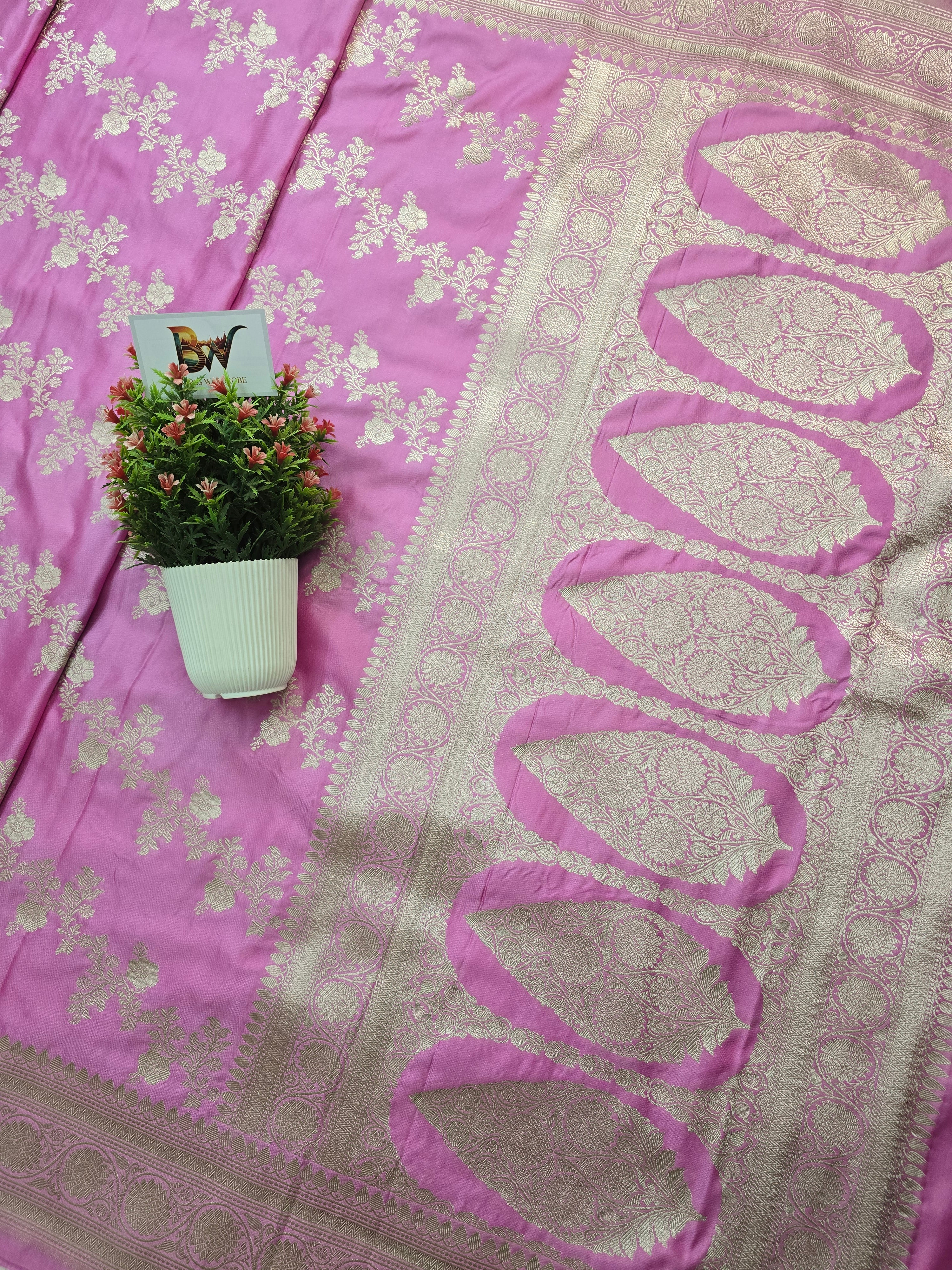 Mashru Katan Silk Banarasi Saree – Baby Pink Body with All Over Silver Zari Jaal
