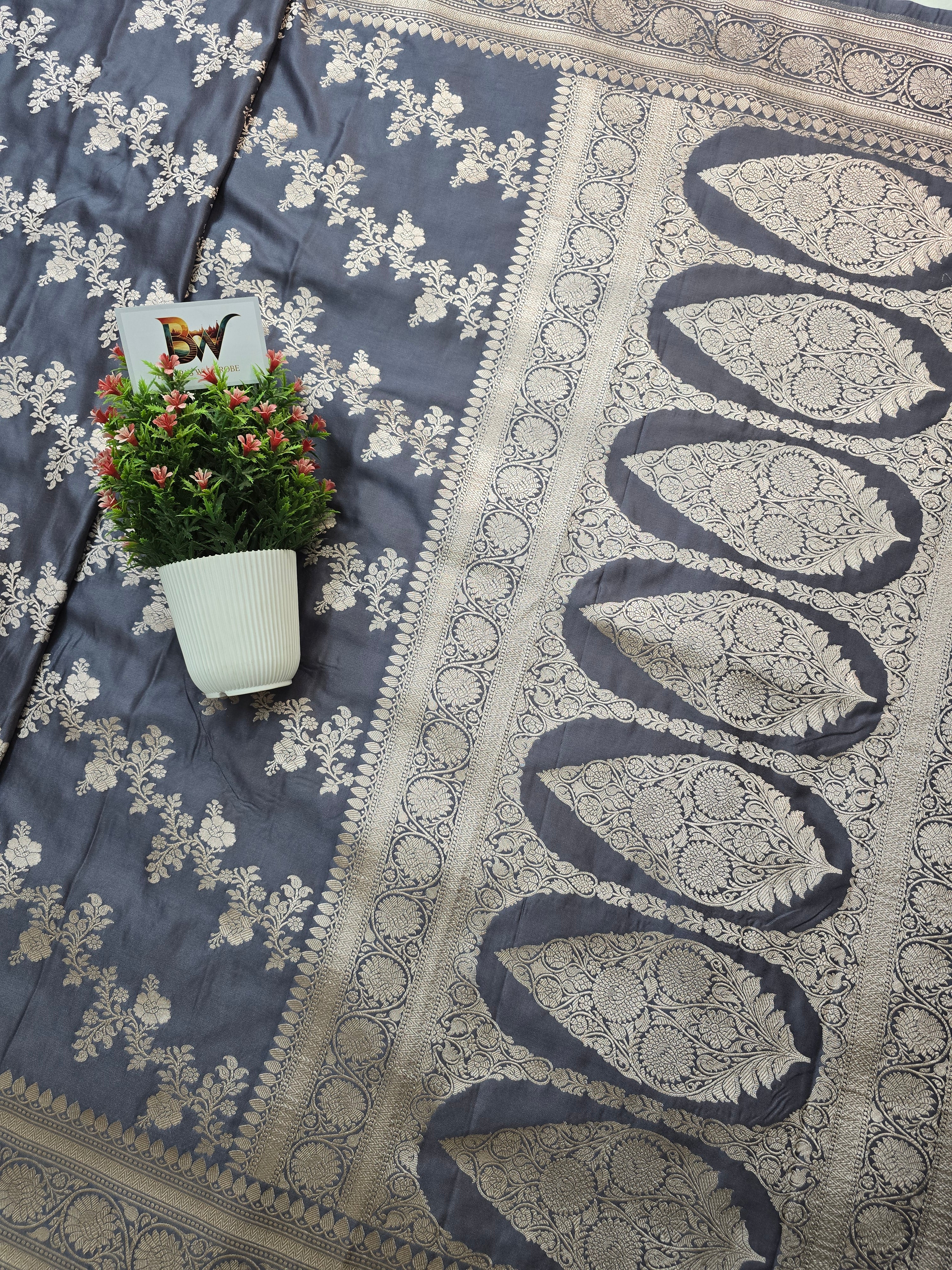 Mashru Katan Silk Banarasi Saree – Grey Body with All Over Silver Zari Jaal