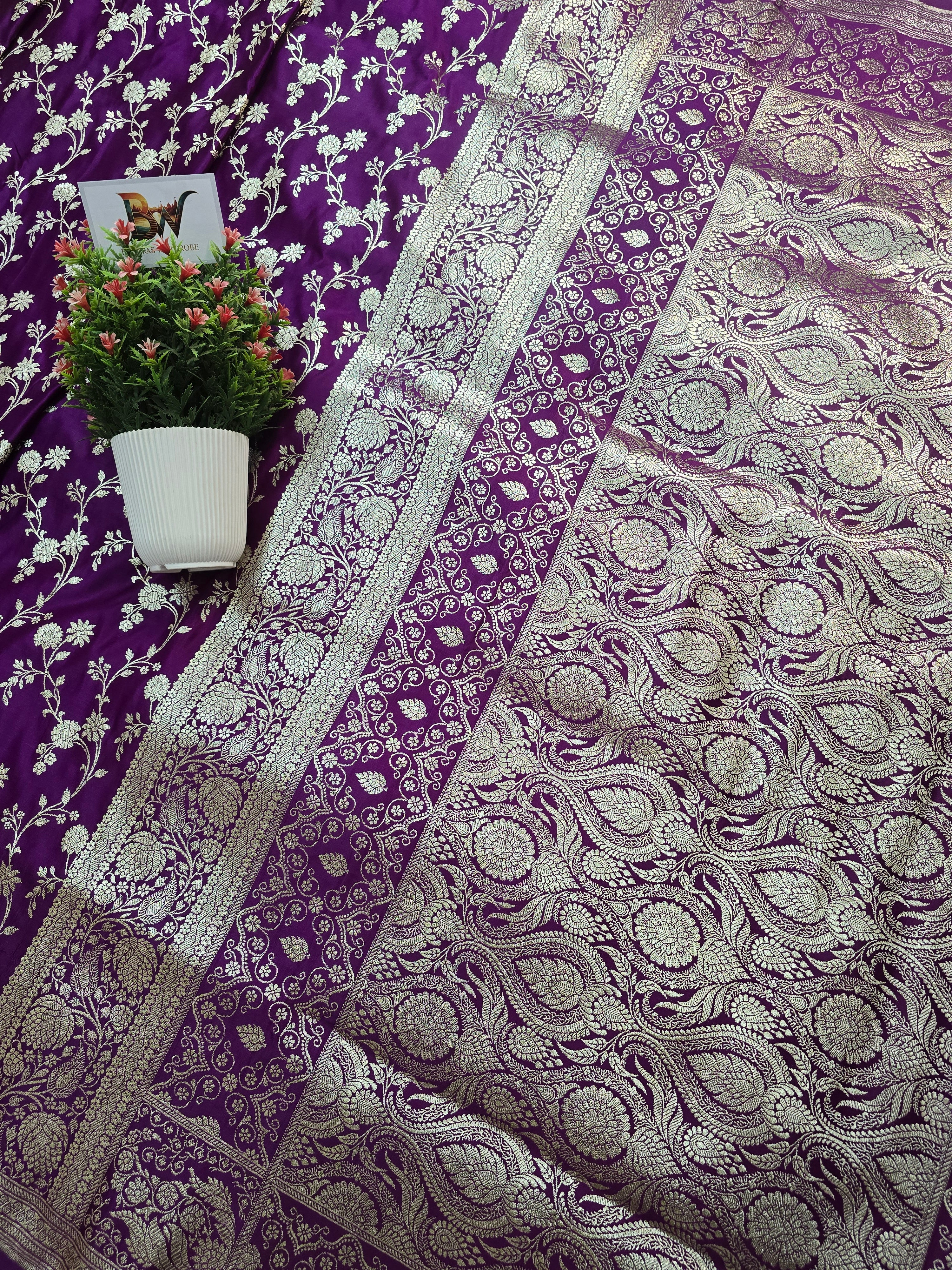 Malai Katan Satin Silk Banarasi Saree - Purple Body with All Over Jaal