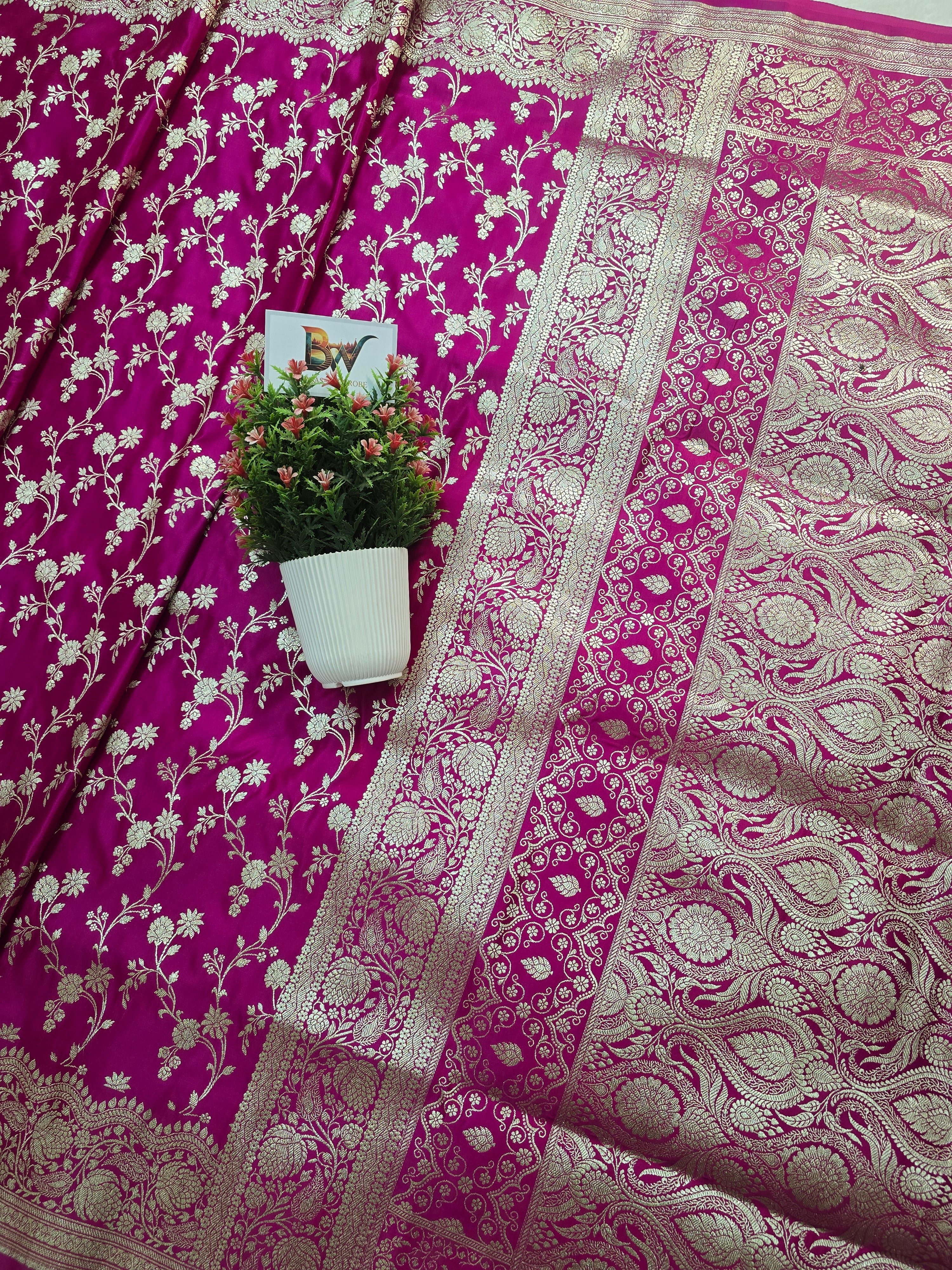 Malai Katan Satin Silk Banarasi Saree - Rani Pink Body with All Over Jaal
