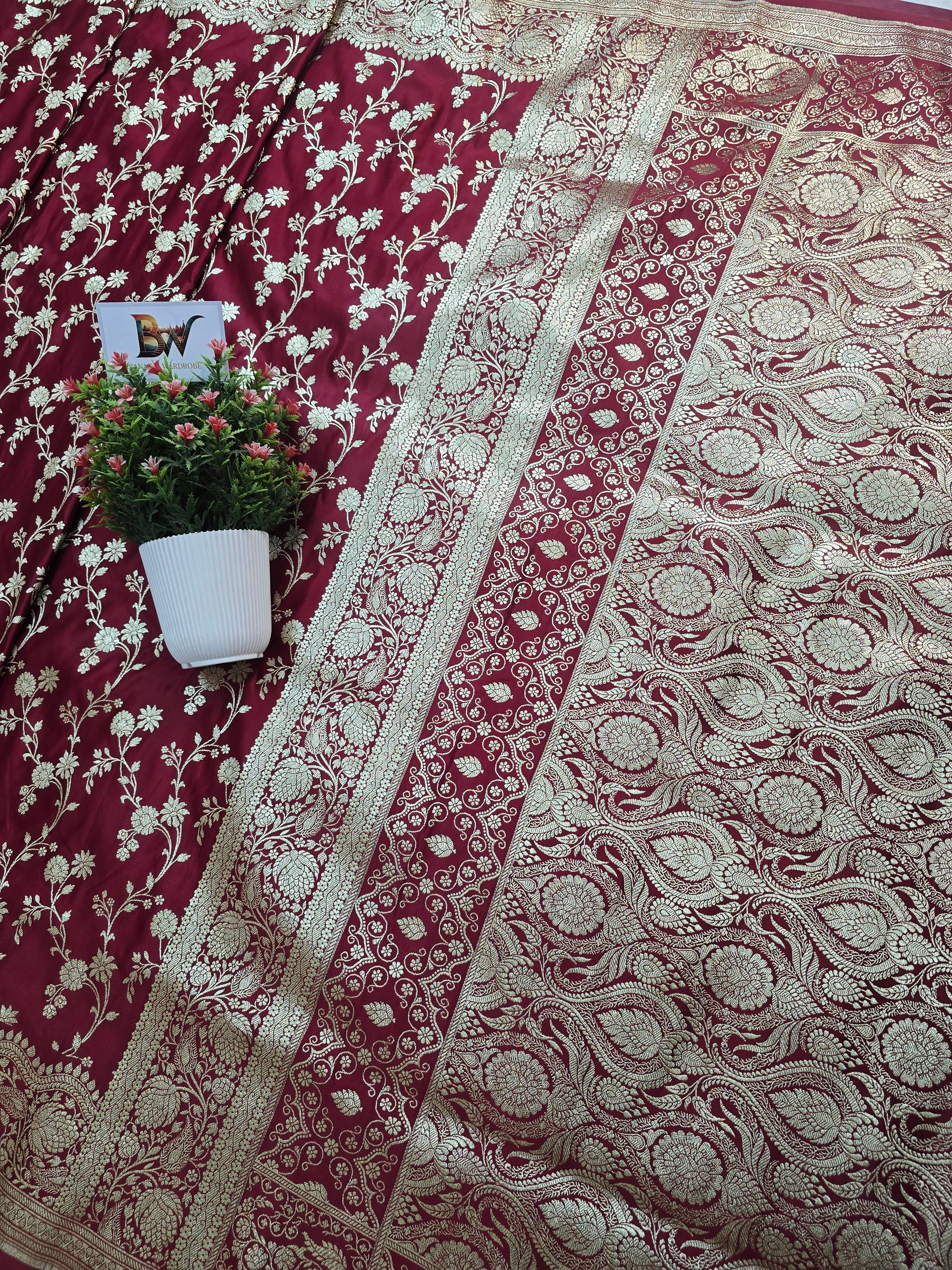 Malai Katan Satin Silk Banarasi Saree - Maroon Body with All Over Jaal