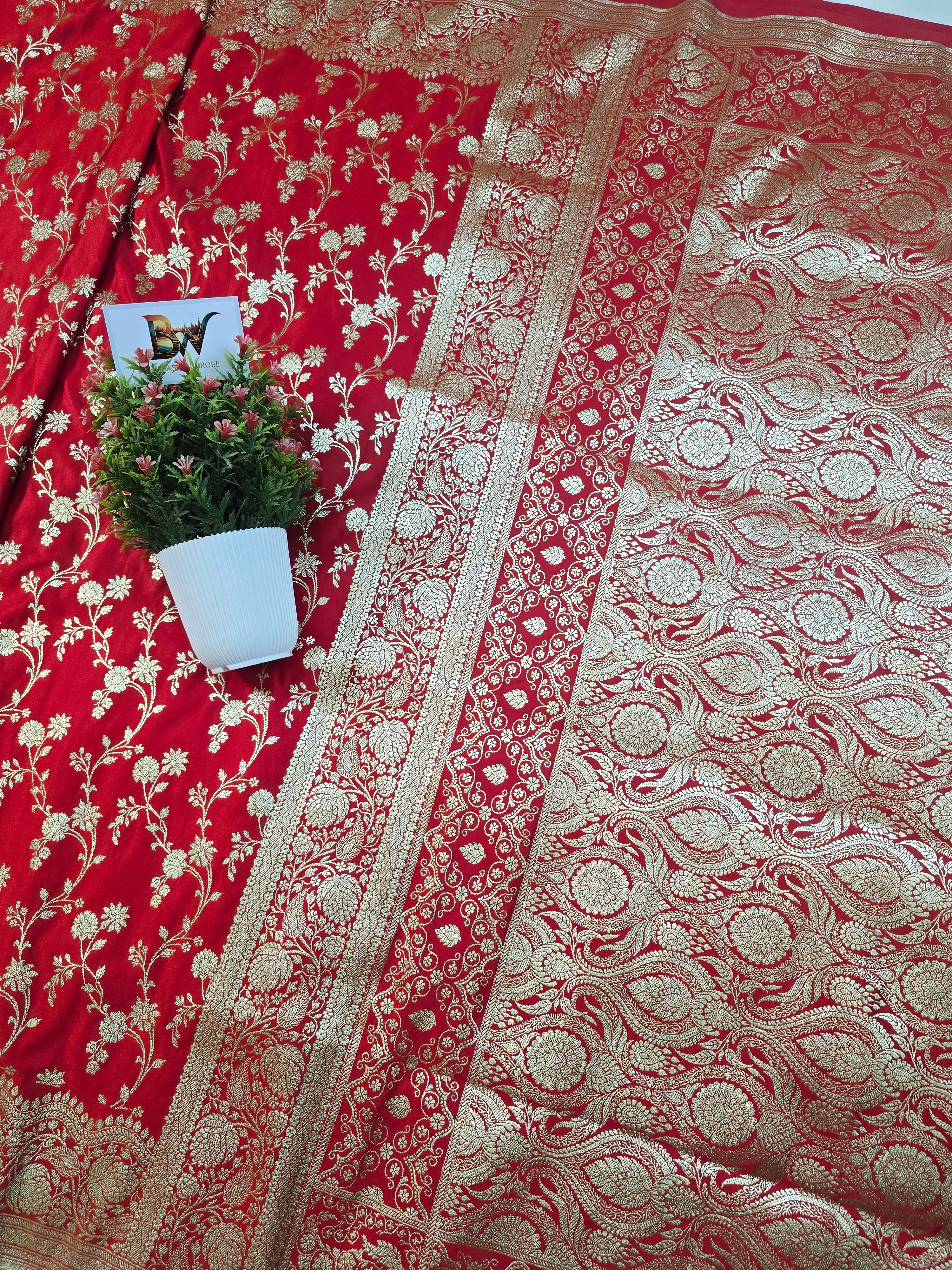 Malai Katan Satin Silk Banarasi Saree - Red Body with All Over Jaal