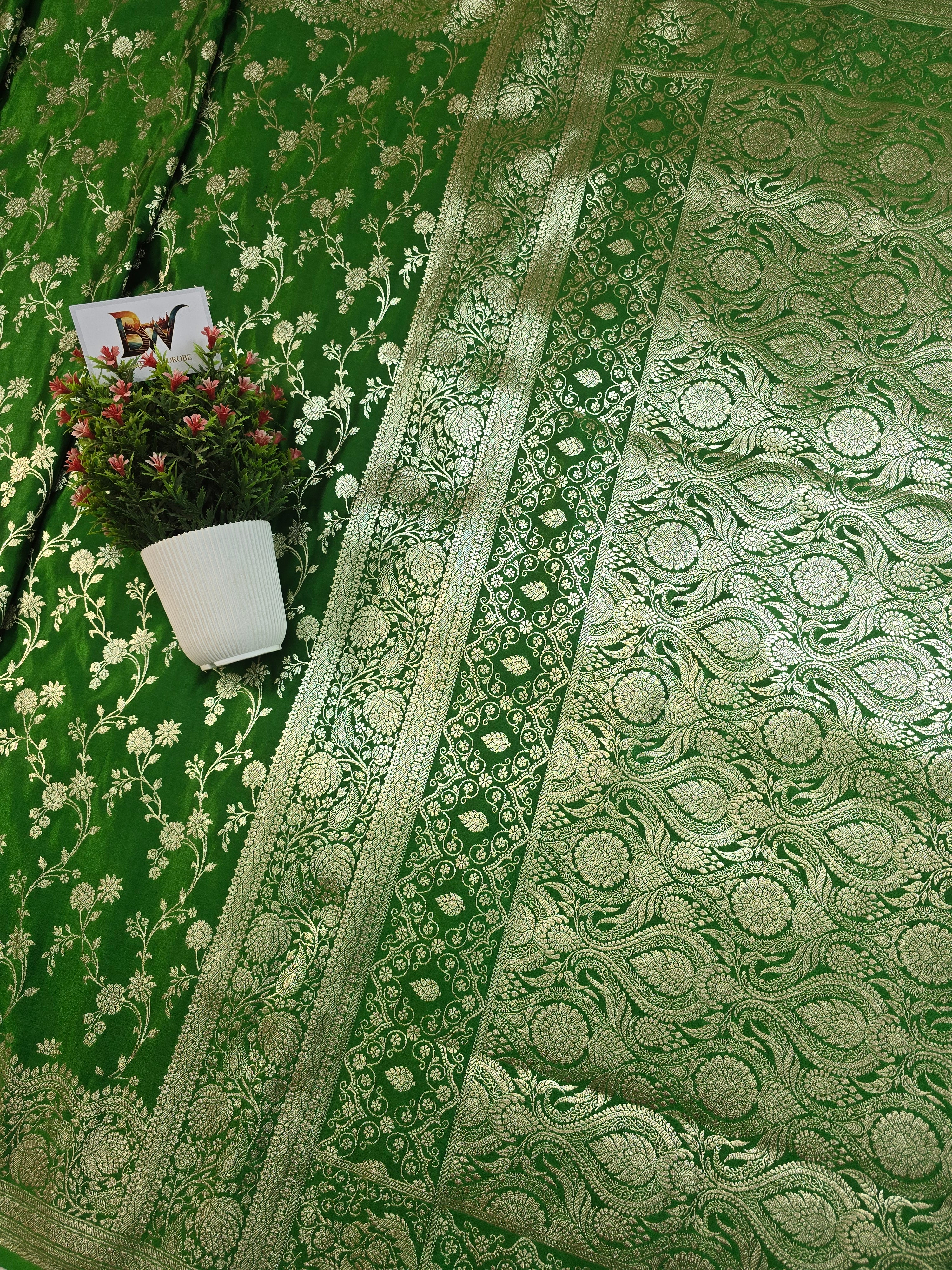 Malai Katan Satin Silk Banarasi Saree - Green Body with All Over Jaal