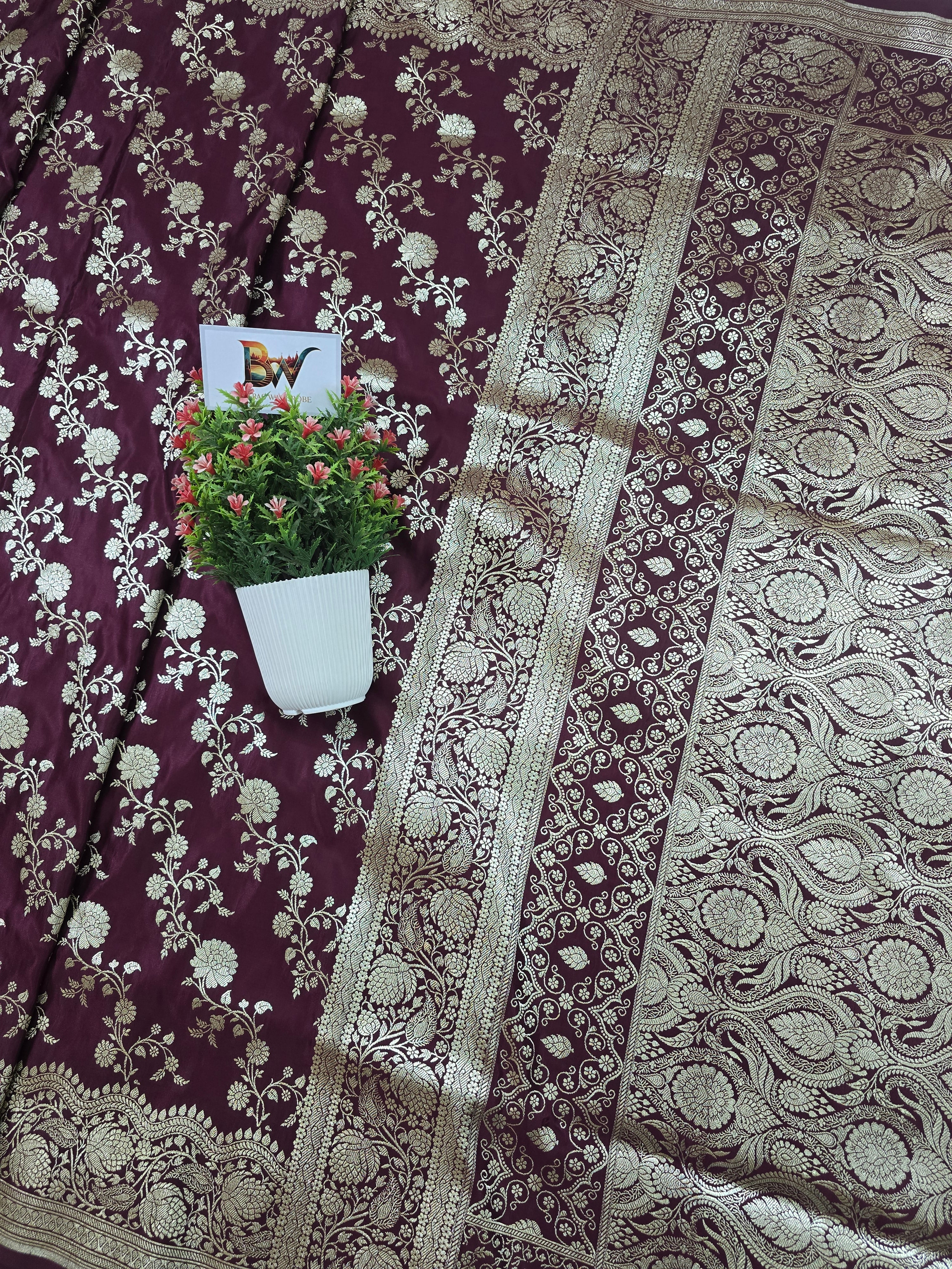 Malai Katan Satin Silk Banarasi Saree - Brown Body with All Over Jaal